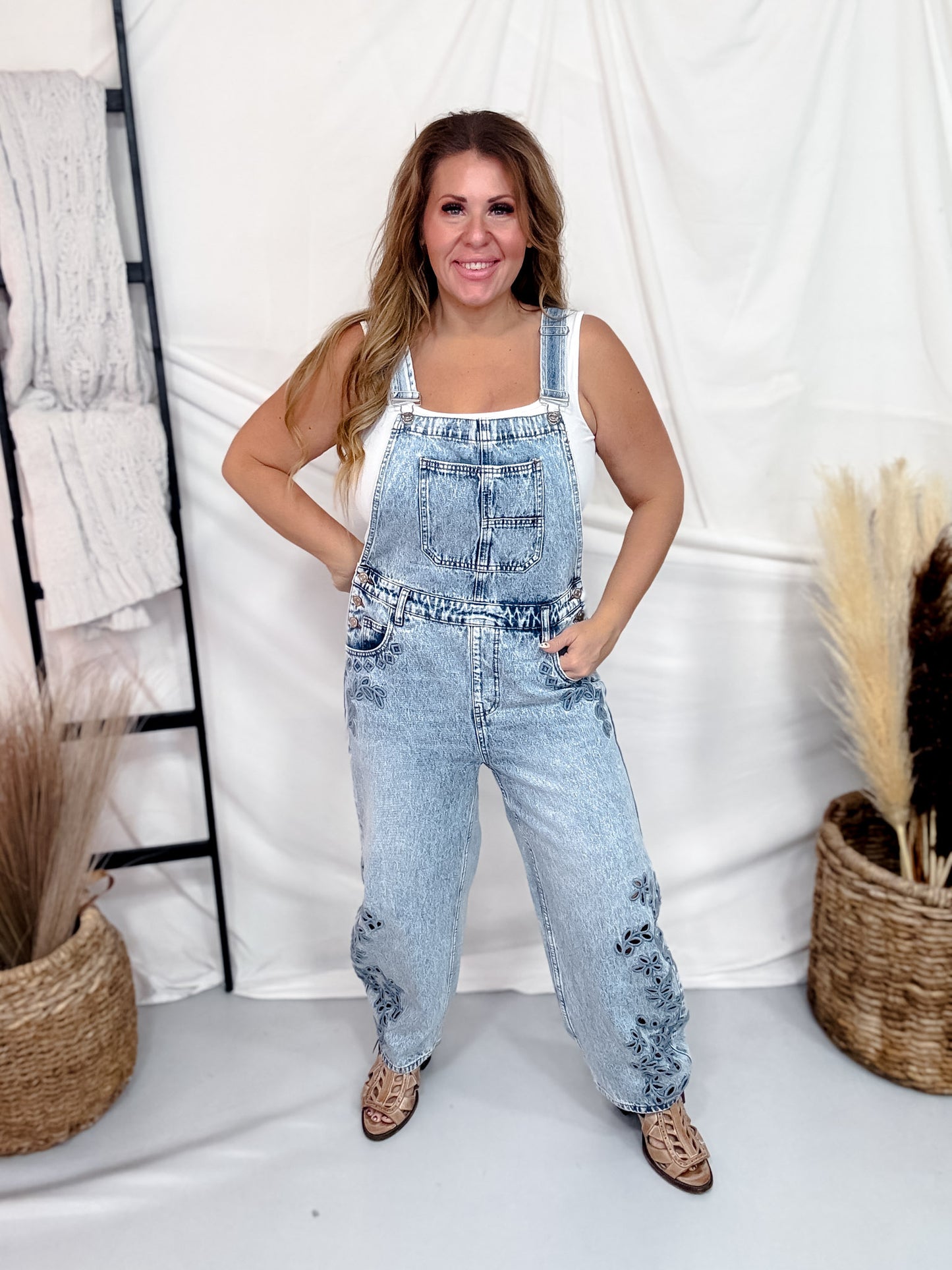 "Saige" Denim Overall's W/ Floral Eyelit Embroidery