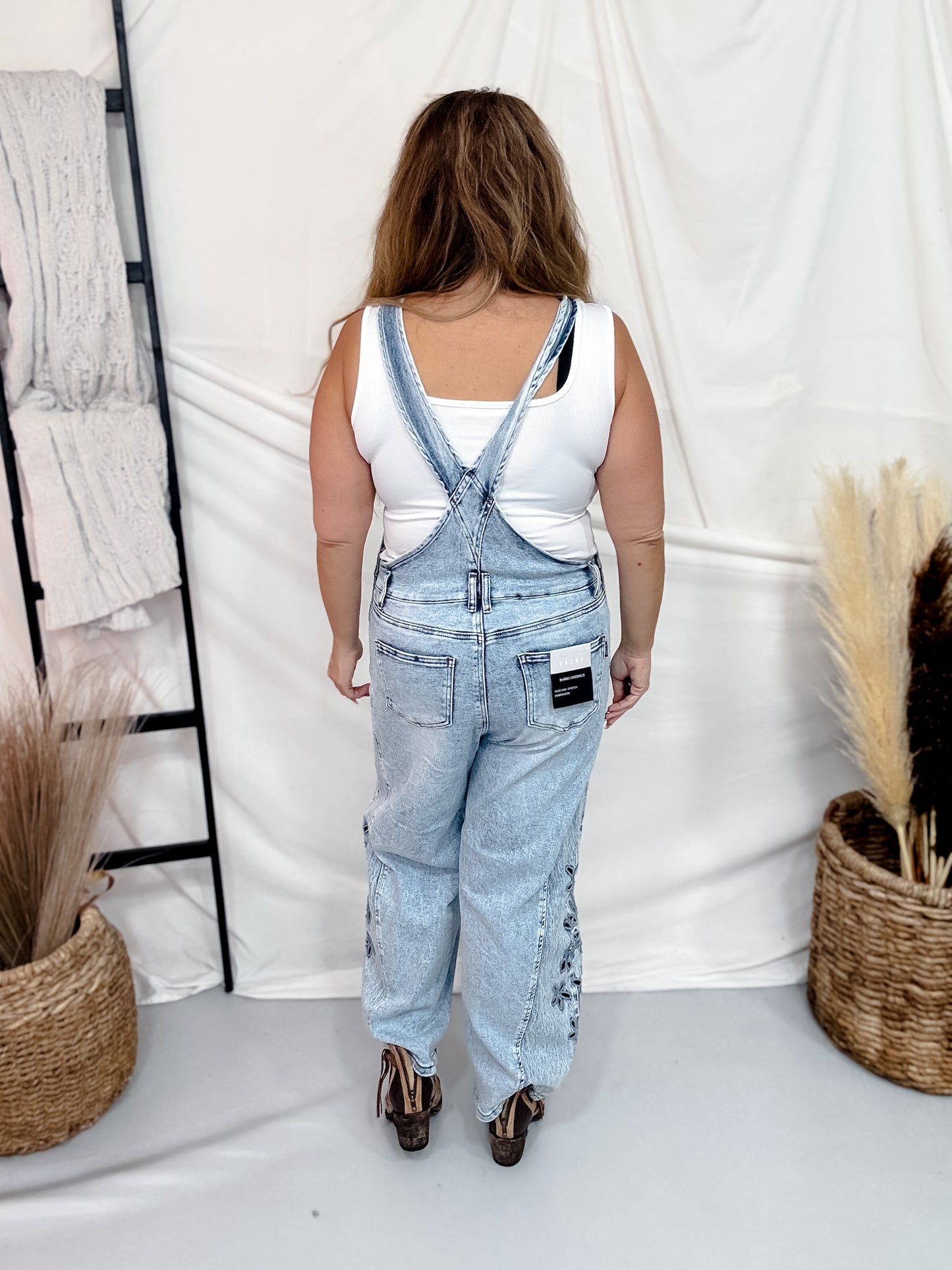 "Saige" Denim Overall's W/ Floral Eyelit Embroidery