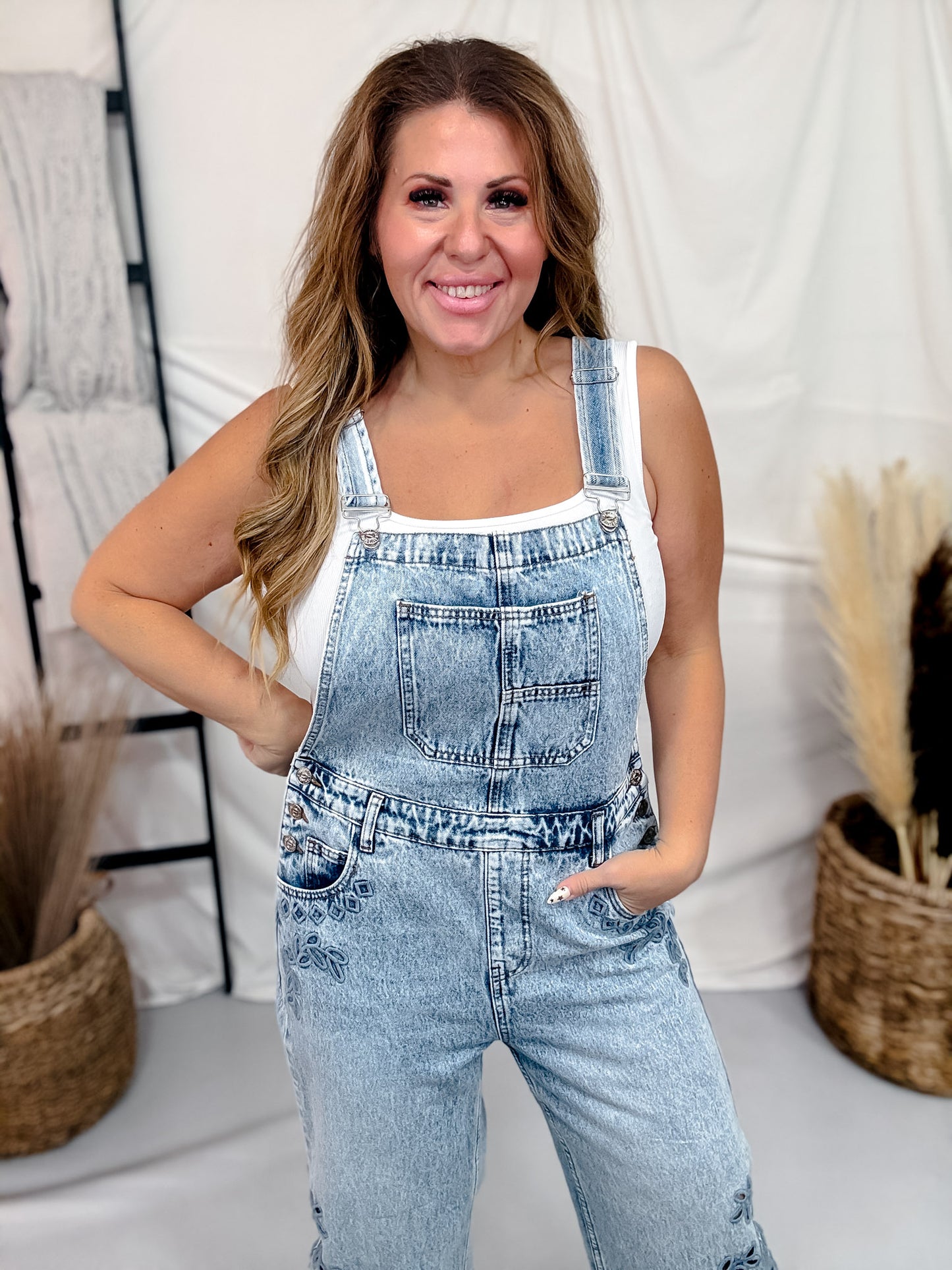 "Saige" Denim Overall's W/ Floral Eyelit Embroidery