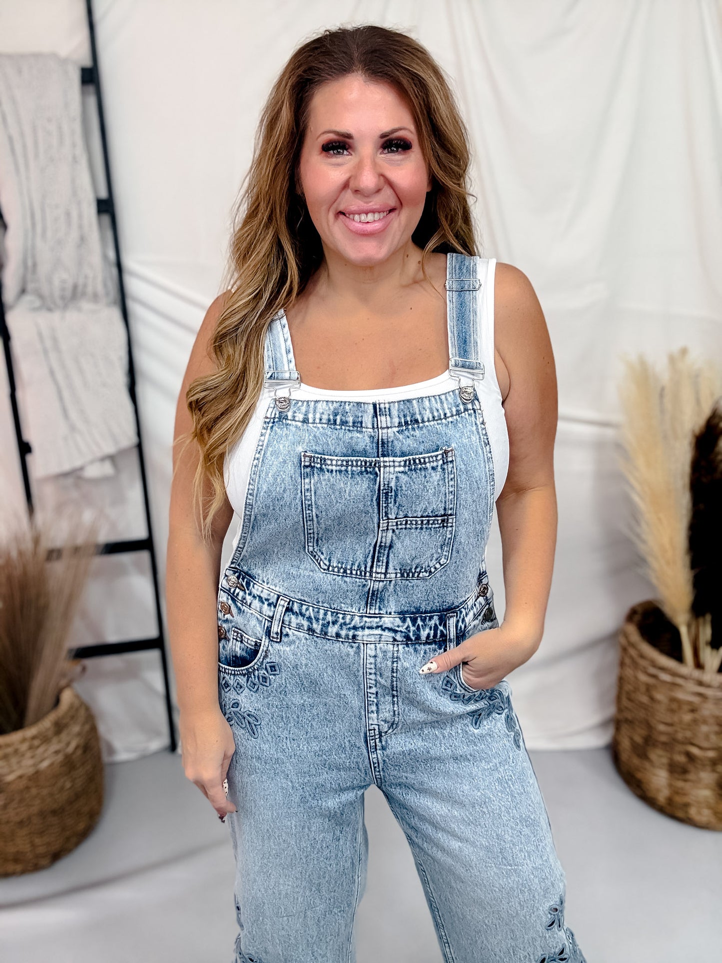 "Saige" Denim Overall's W/ Floral Eyelit Embroidery
