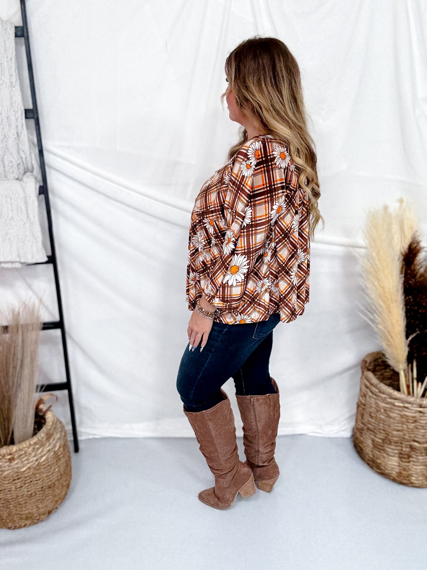 Brown Plaid & Daisy Print Velvet Babydoll Tunic
