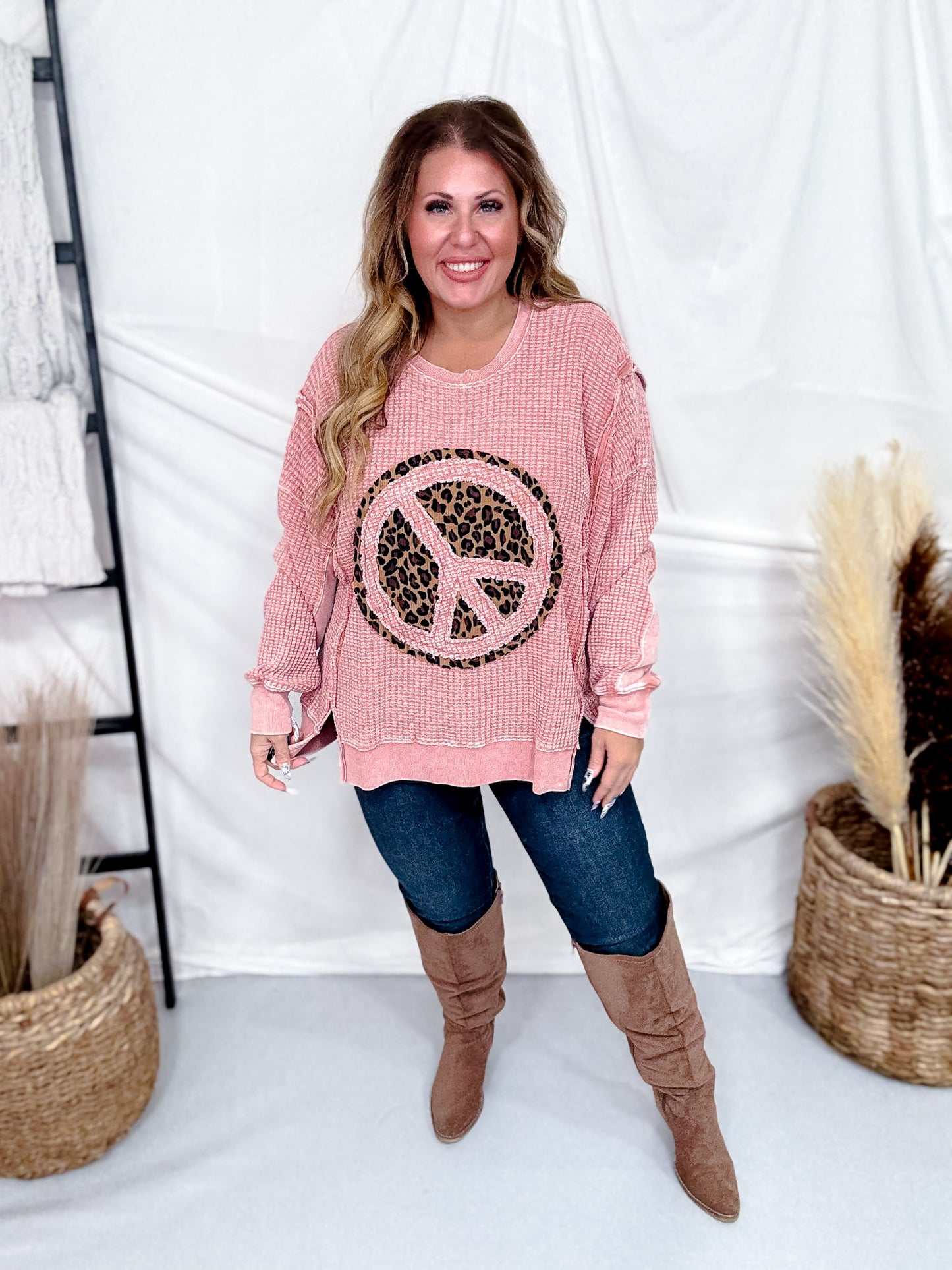 Mauve Thermal Pullover With Leopard Print Peace Patch