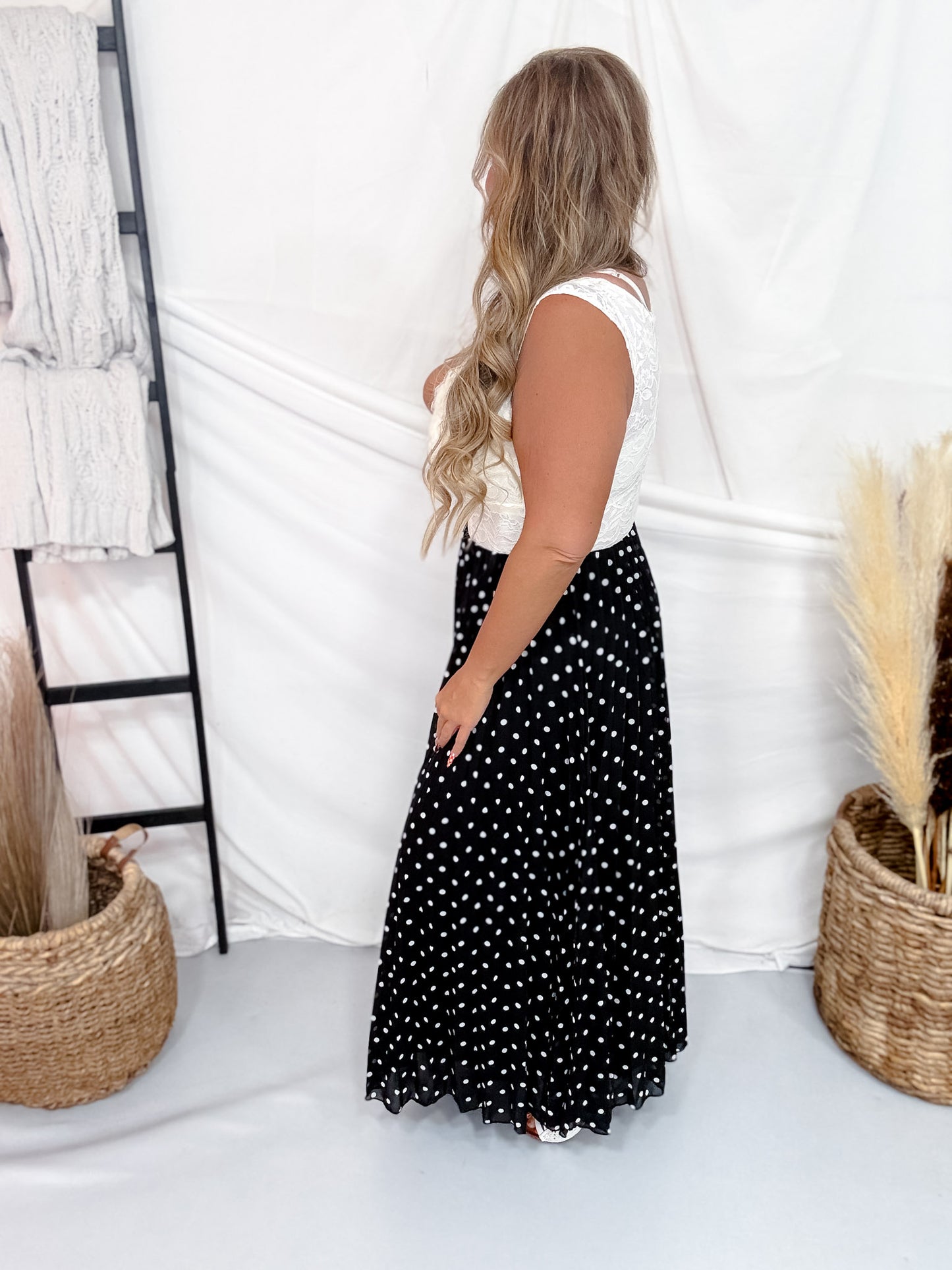 Black & White Polka Dot Pleated Midi Skirt