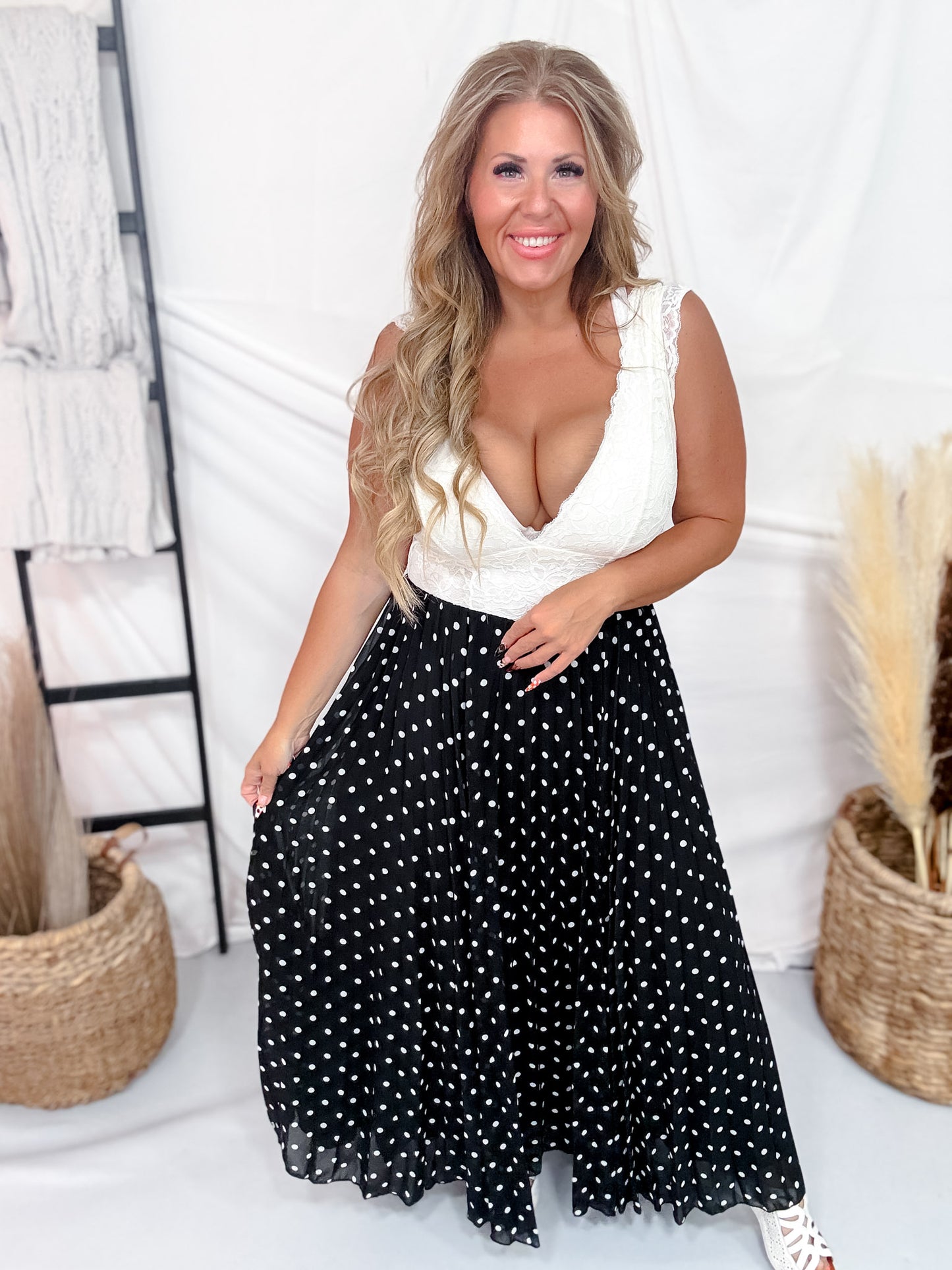 Black & White Polka Dot Pleated Midi Skirt