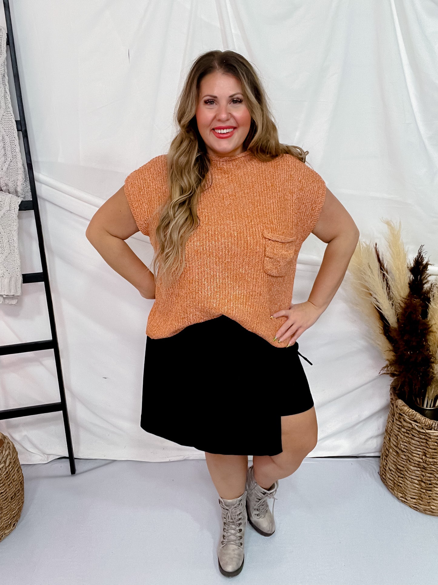 Patch Pocket Drop Shoulder Mock Neck Sweater Top