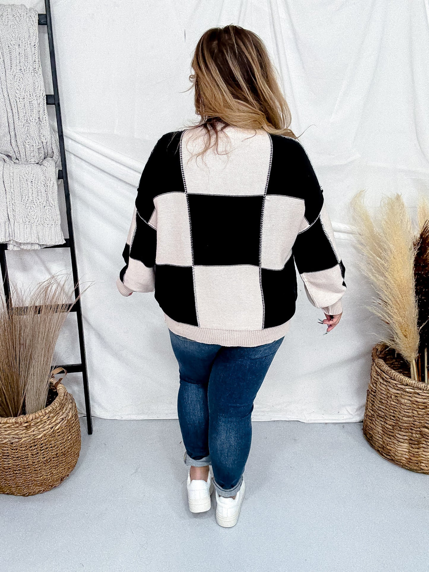 Taupe And Black Checkerboard Knit Sweater