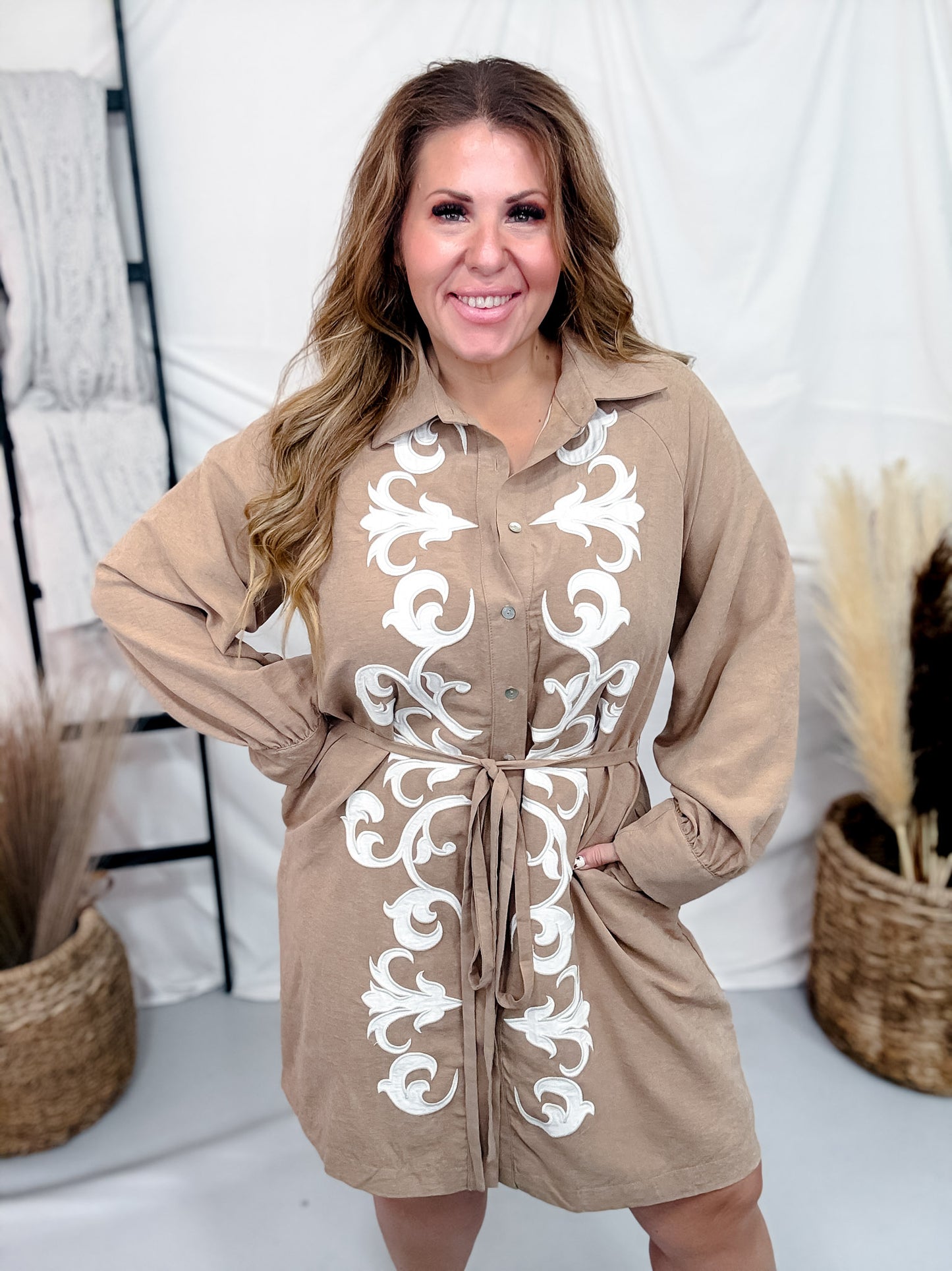 Camel Button Front Shirt Dress With Western Embroidery