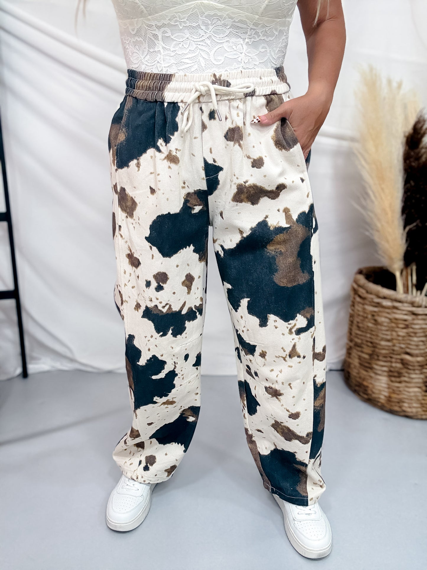 Wide Leg Cow Print Pants With Elastic Waistband