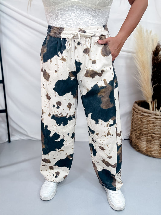 Wide Leg Cow Print Pants With Elastic Waistband