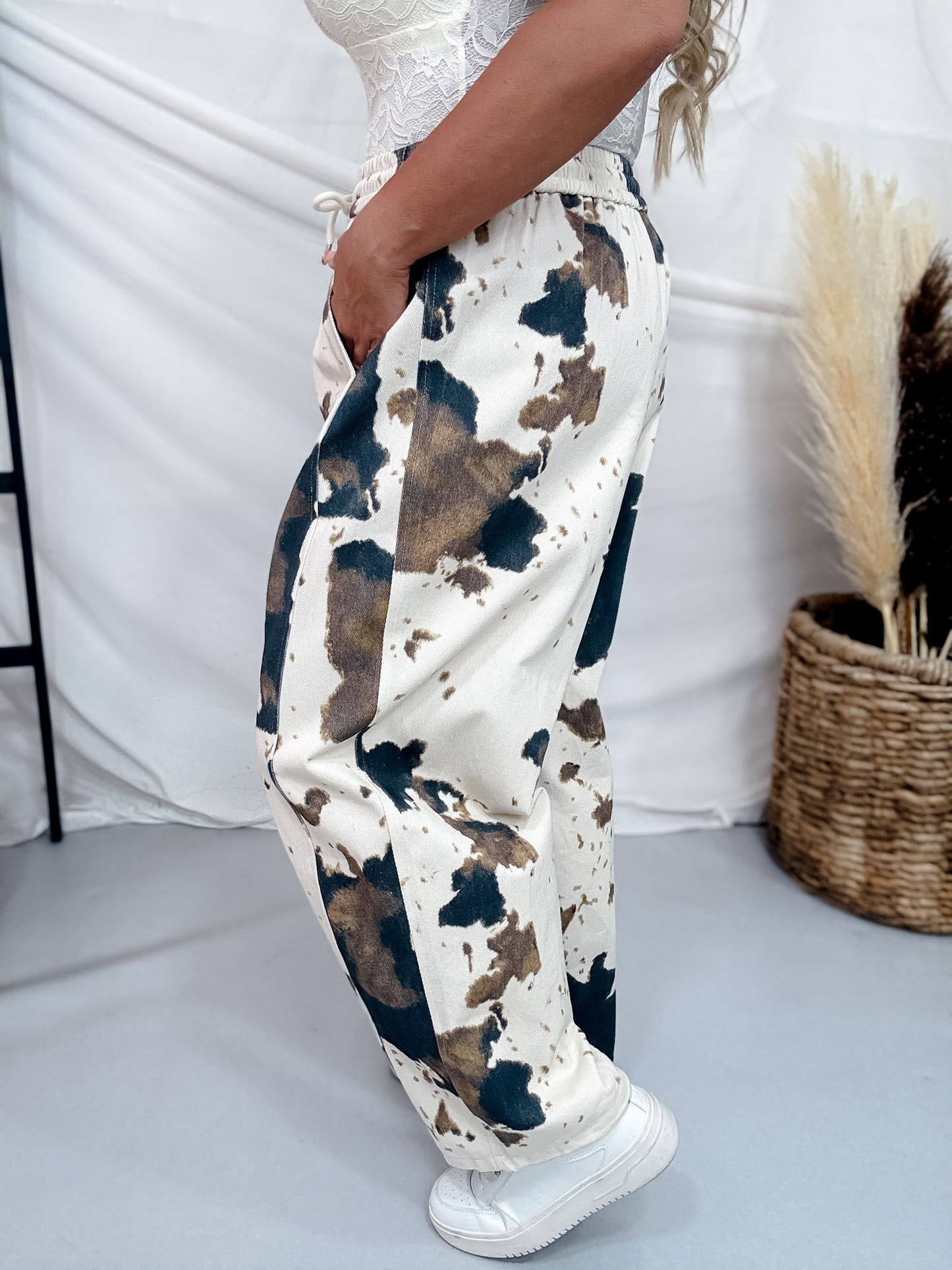 Wide Leg Cow Print Pants With Elastic Waistband