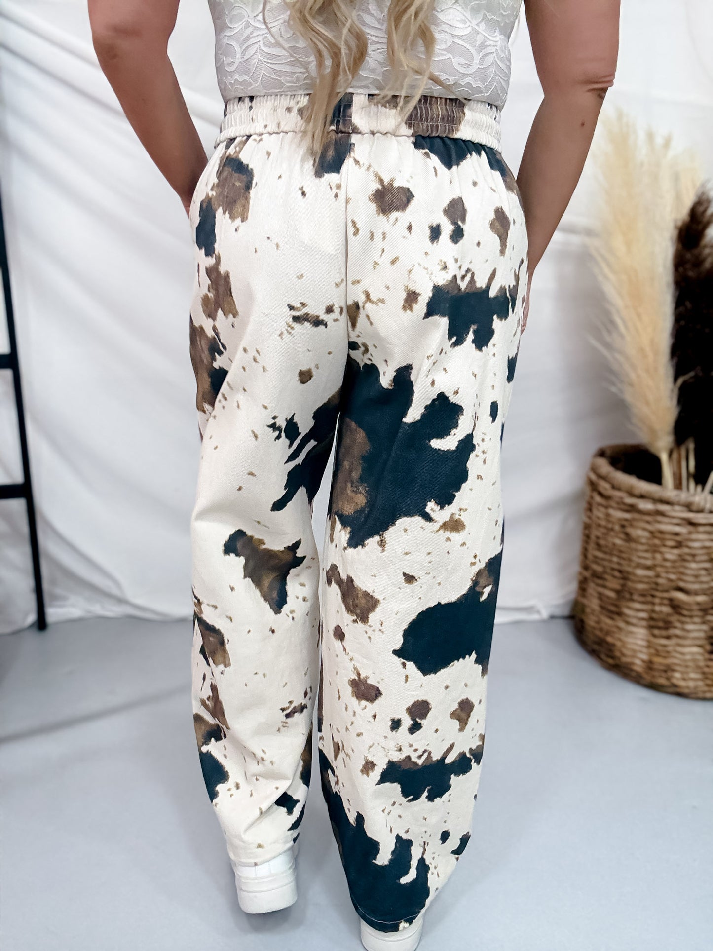 Wide Leg Cow Print Pants With Elastic Waistband