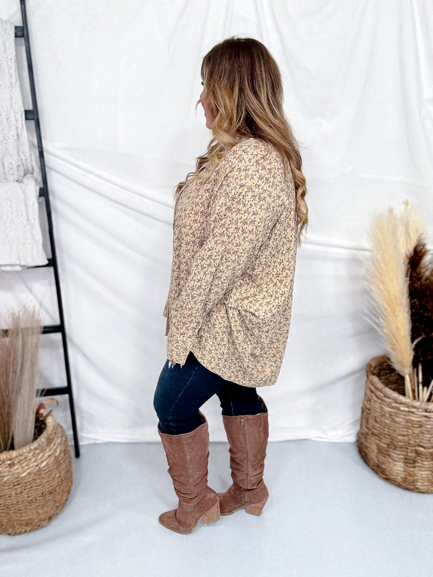 Khaki Floral Print Button Front Gauze Shirt