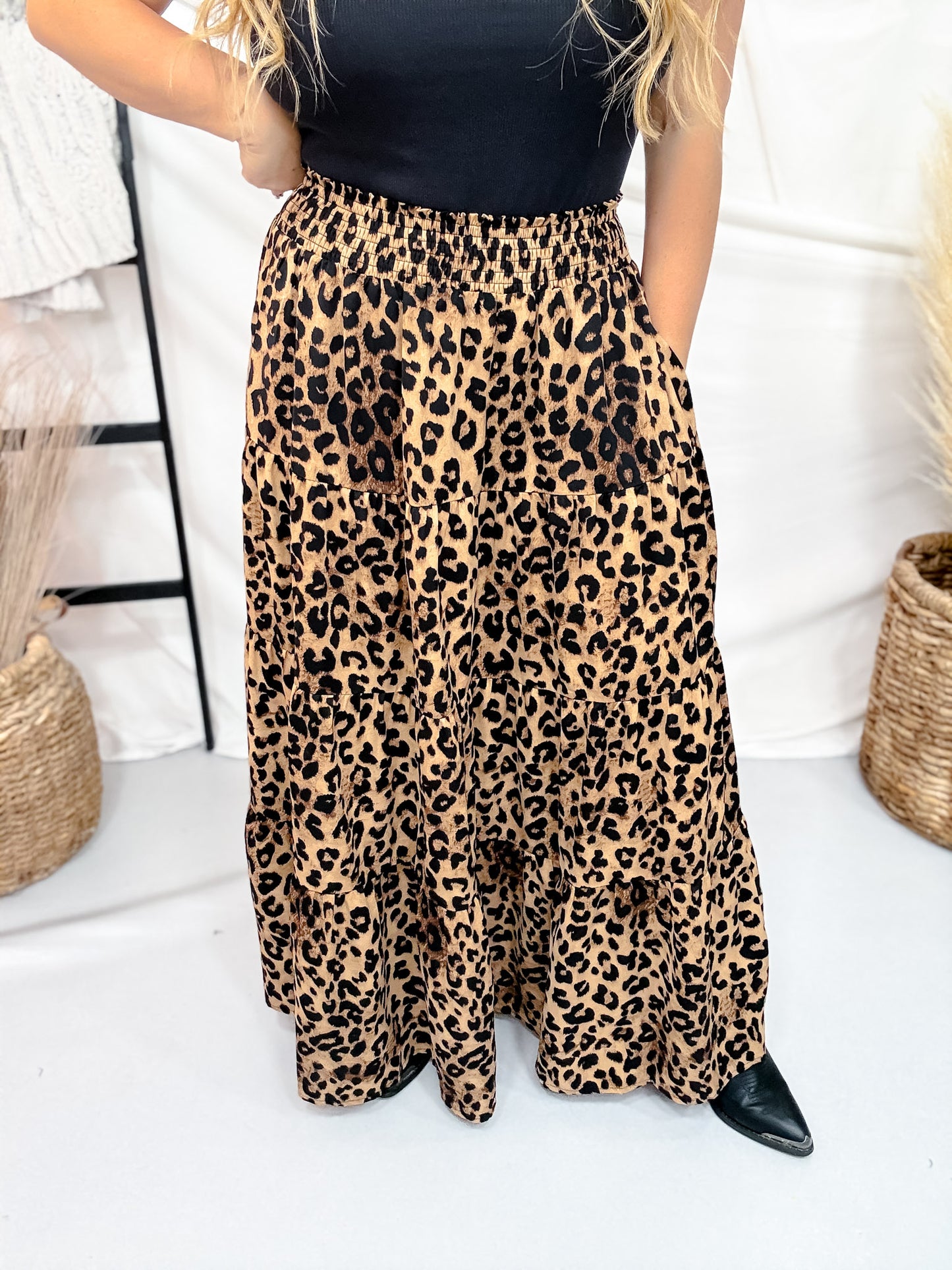 Tiered Leopard Print Midi Skirt With Smocked Waistband