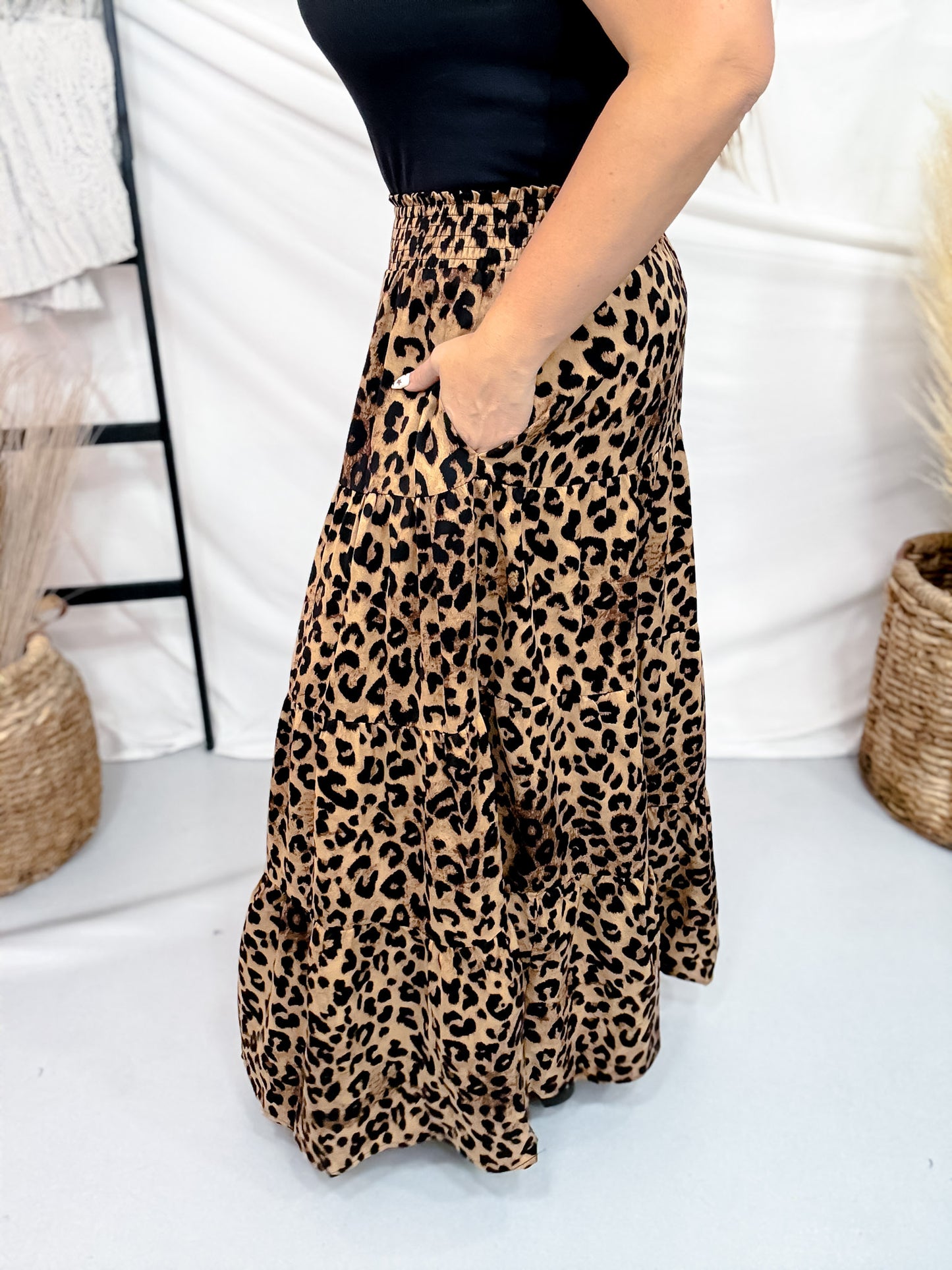 Tiered Leopard Print Midi Skirt With Smocked Waistband