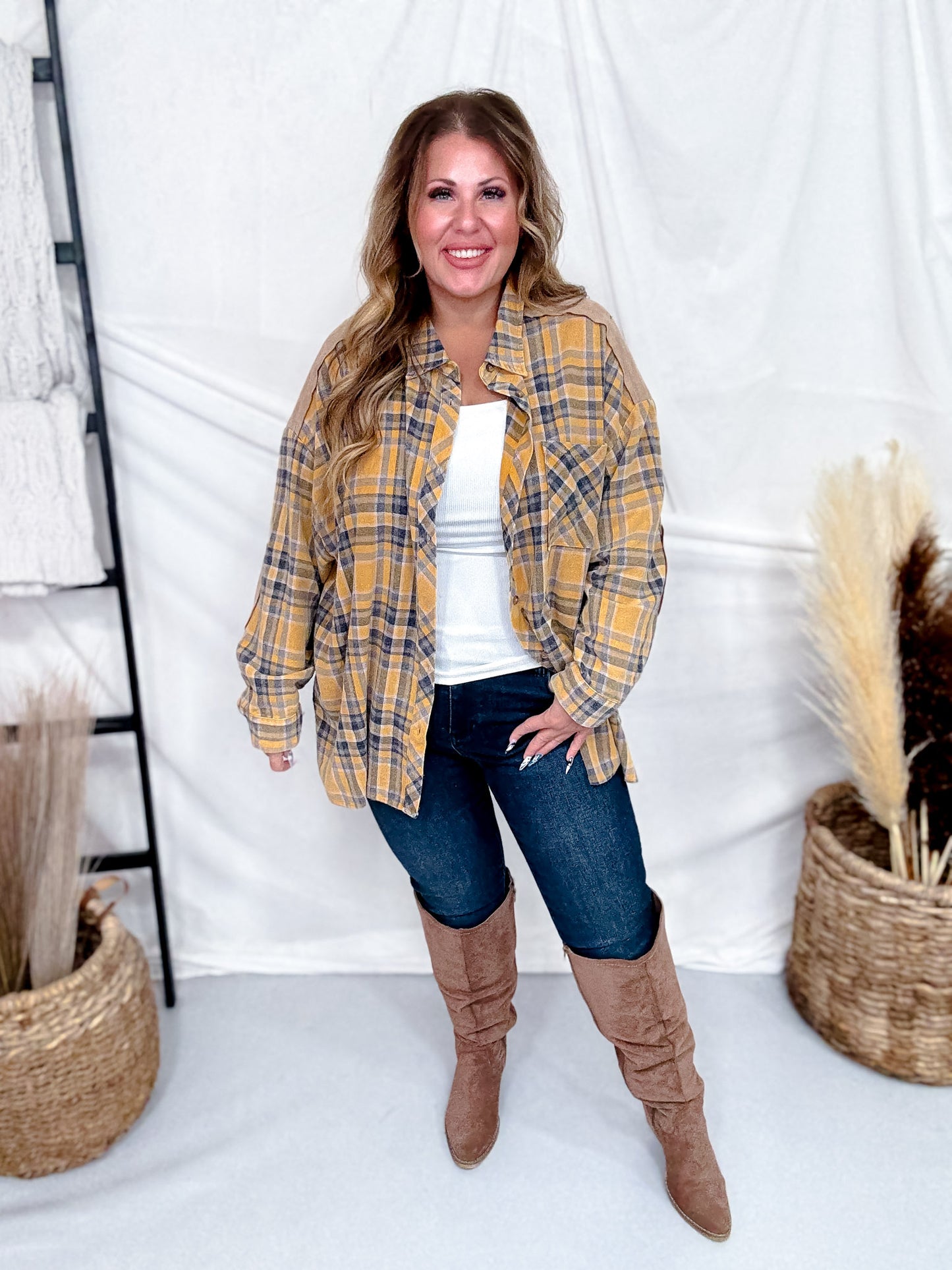 Acid Washed Yellow Plaid Button Down Flannel