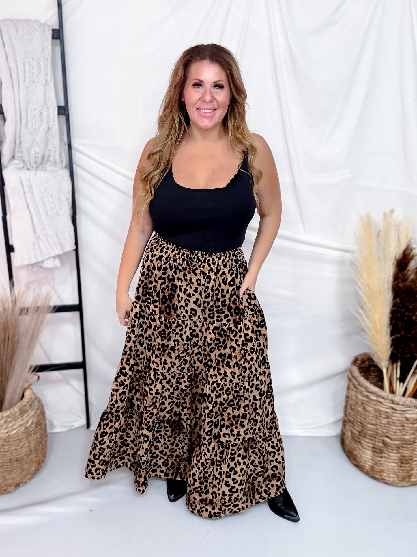 Tiered Leopard Print Midi Skirt With Smocked Waistband