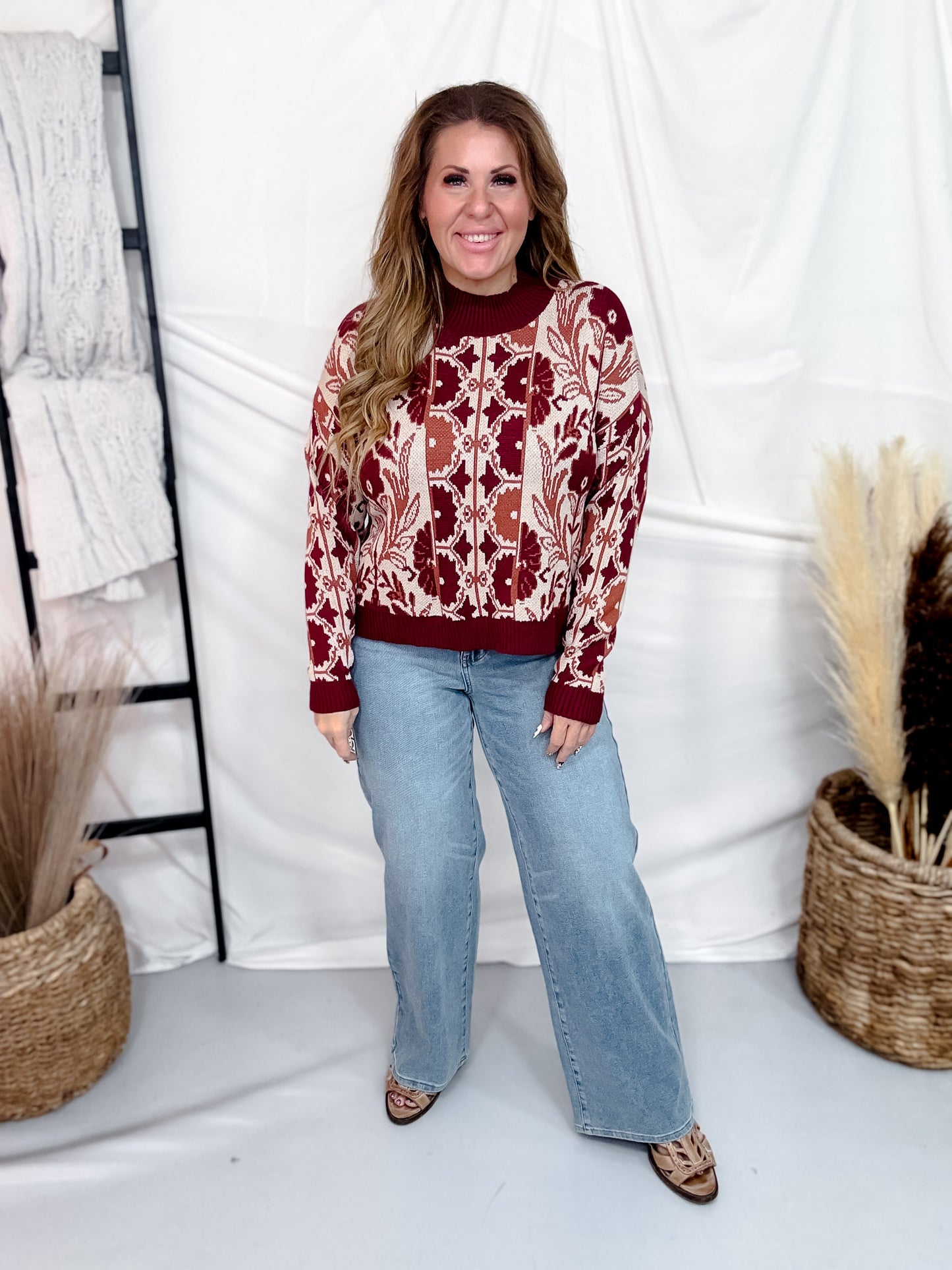 Jacquard Knit Pullover Sweater W/ Floral Tapestry Motif