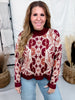 Jacquard Knit Pullover Sweater W/ Floral Tapestry Motif