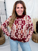 Jacquard Knit Pullover Sweater W/ Floral Tapestry Motif