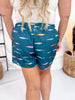 Teal Fish Print Drawstring Waist Shorts