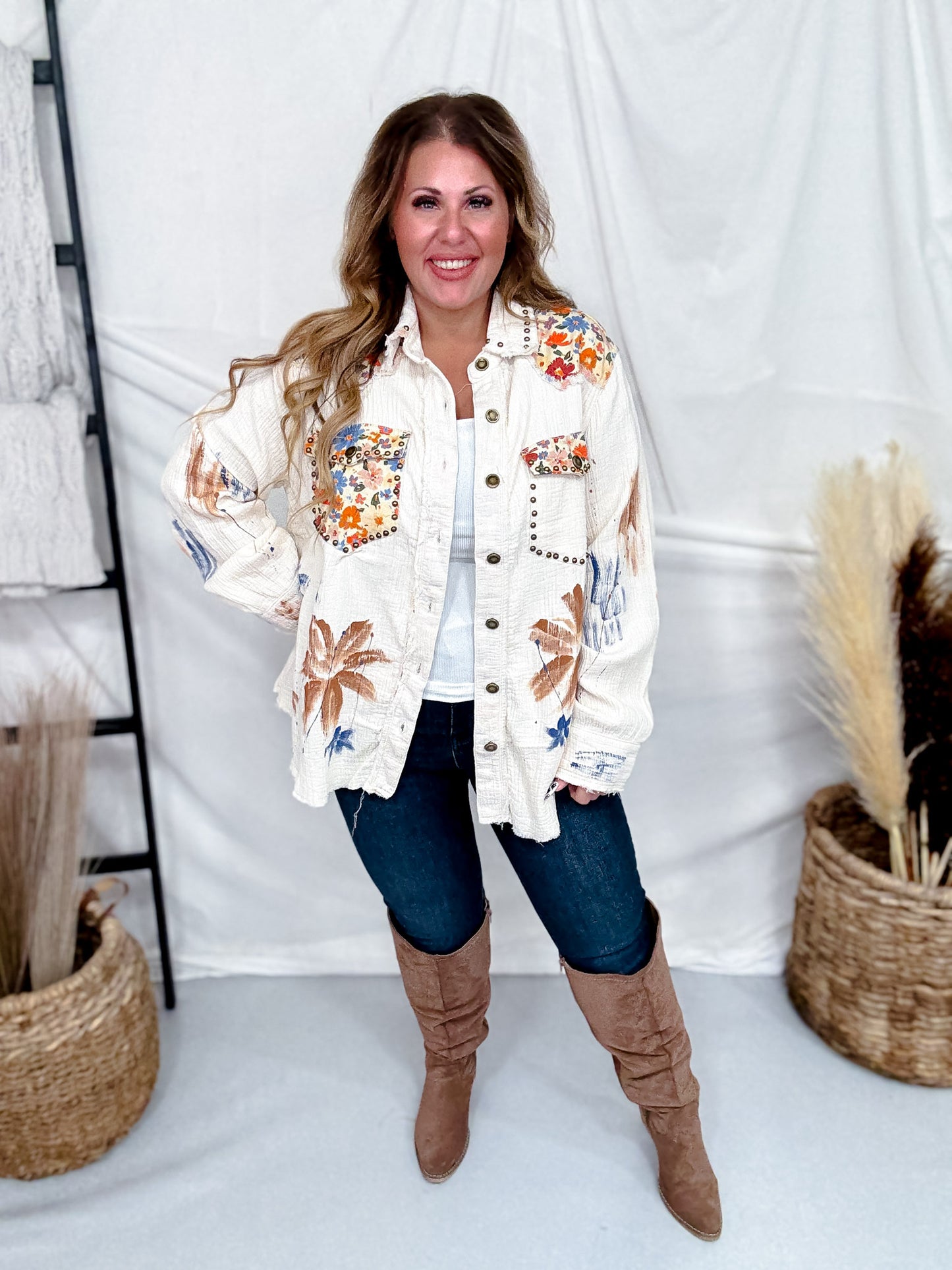 Long Sleeve Lightweight Shacket W/ Stud Embellishments
