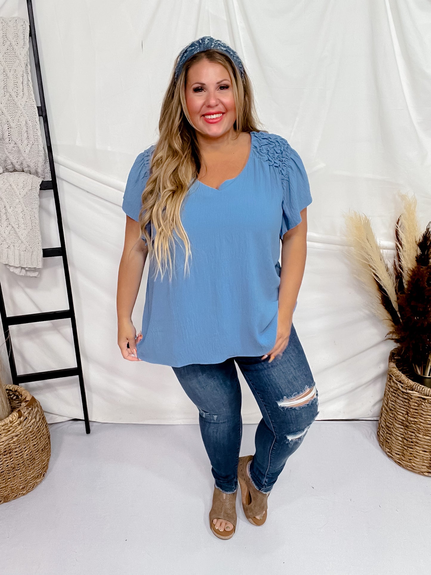 Blue Ruffle Sleeve Smocked Shoulder Top