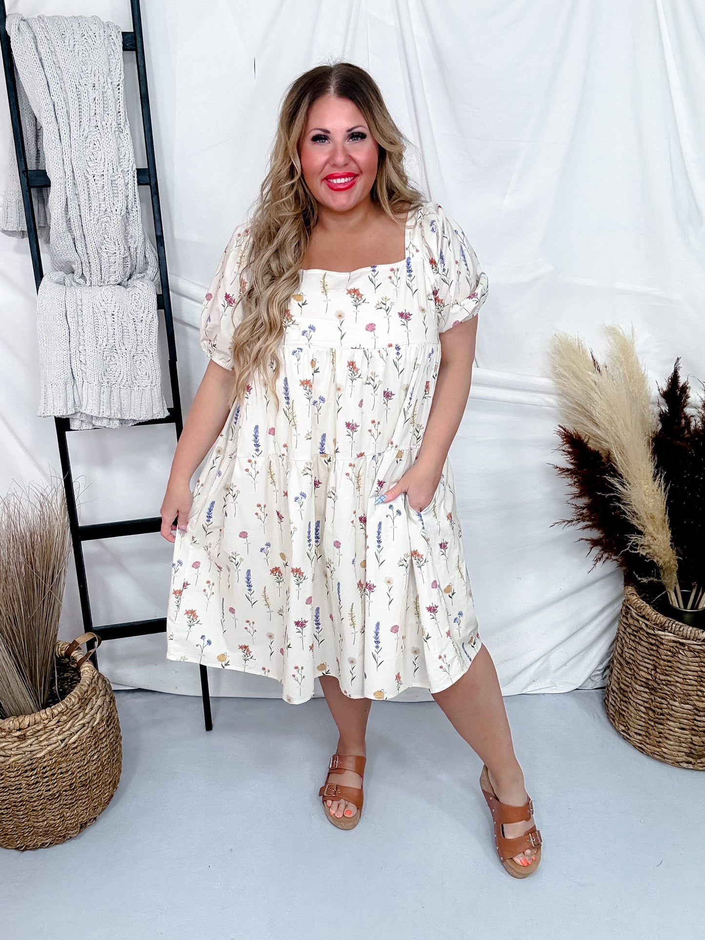 Taupe and Lavender Floral Tiered Dress