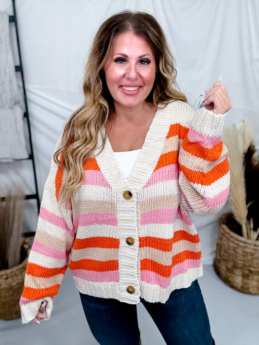 Long Sleeve Knit Striped Button Down Cardigan