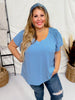 Blue Ruffle Sleeve Smocked Shoulder Top