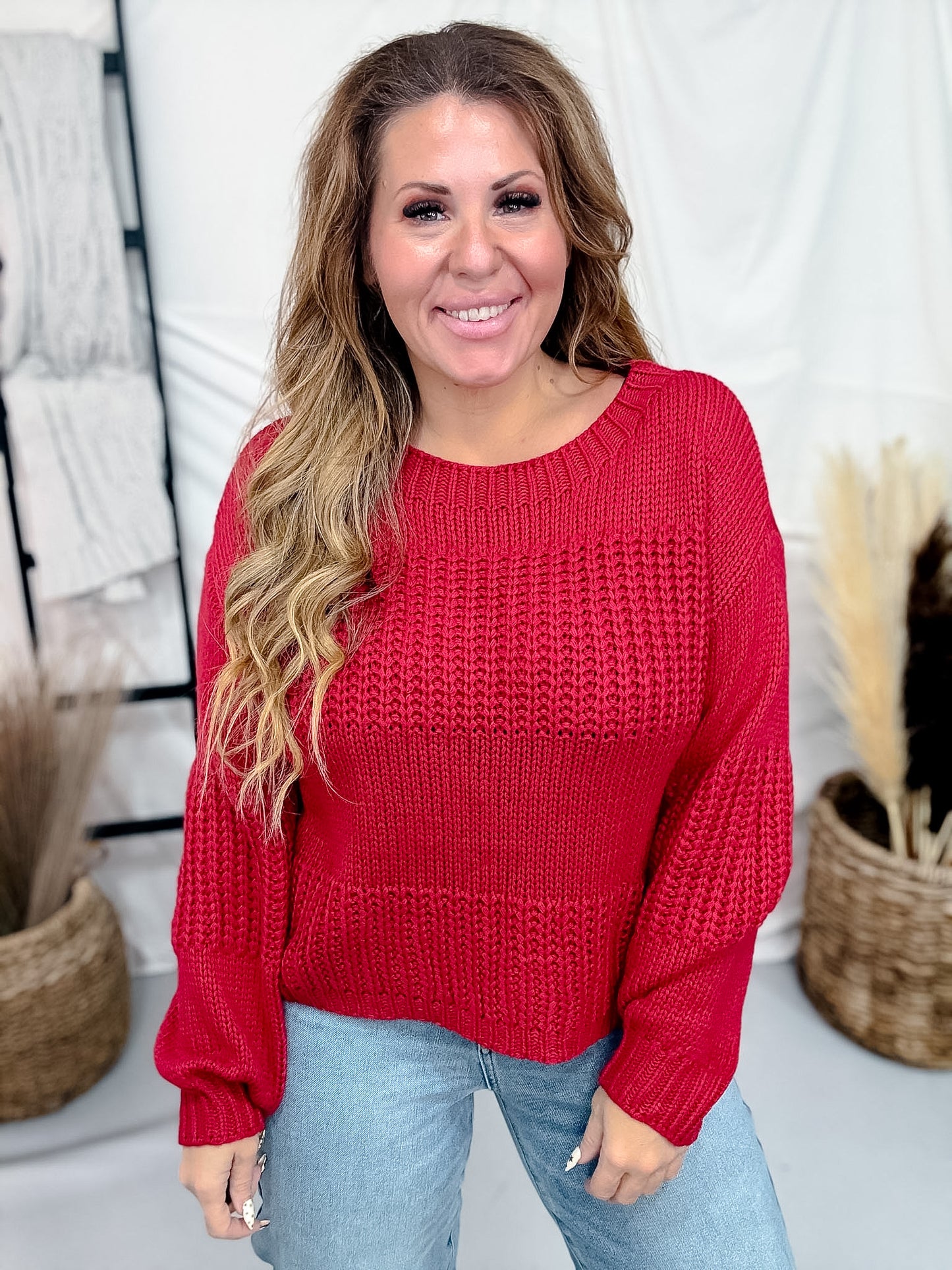 Rustic Red Boatneck Raised Contrast Knit Sweater