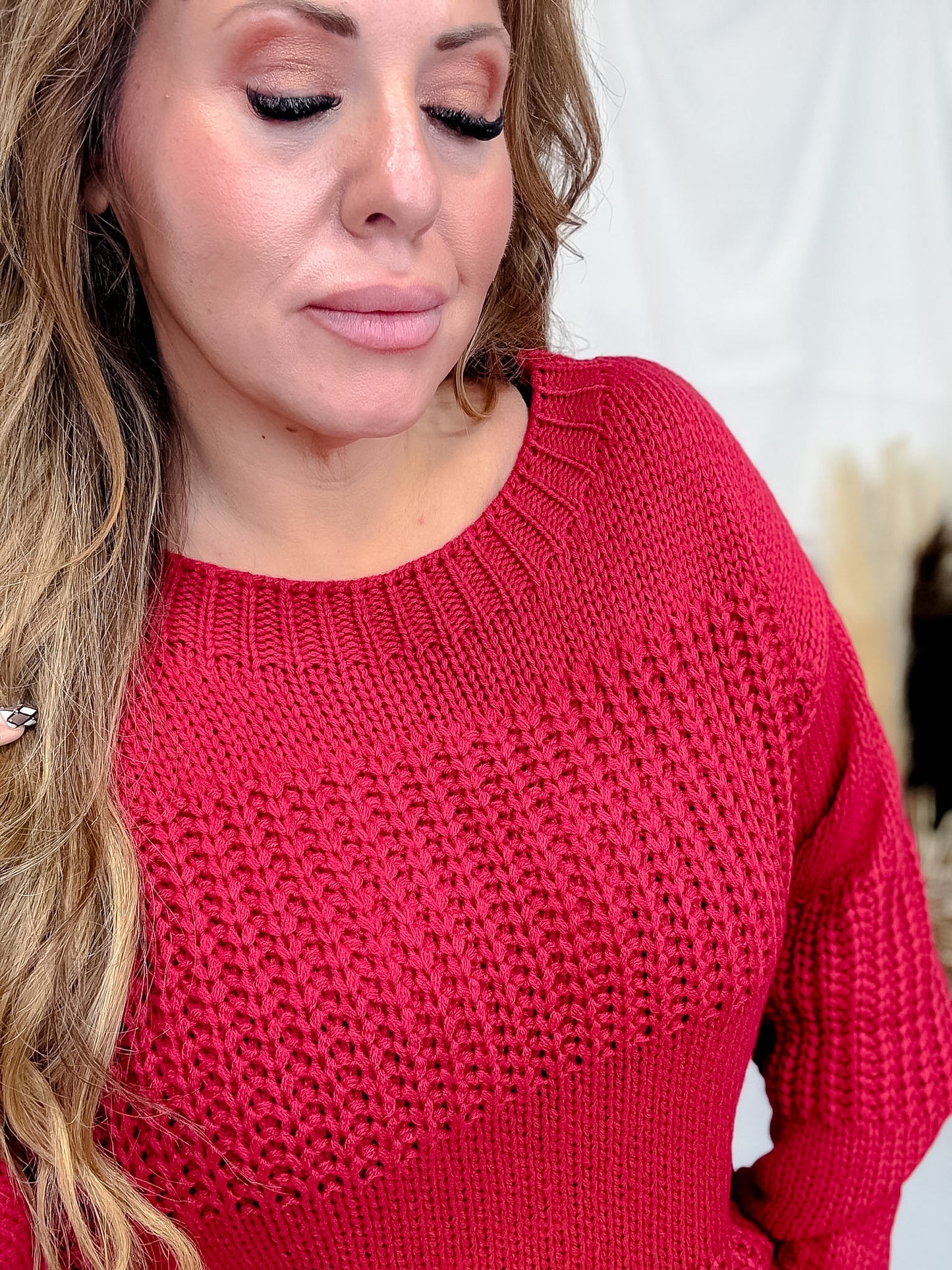 Rustic Red Boatneck Raised Contrast Knit Sweater