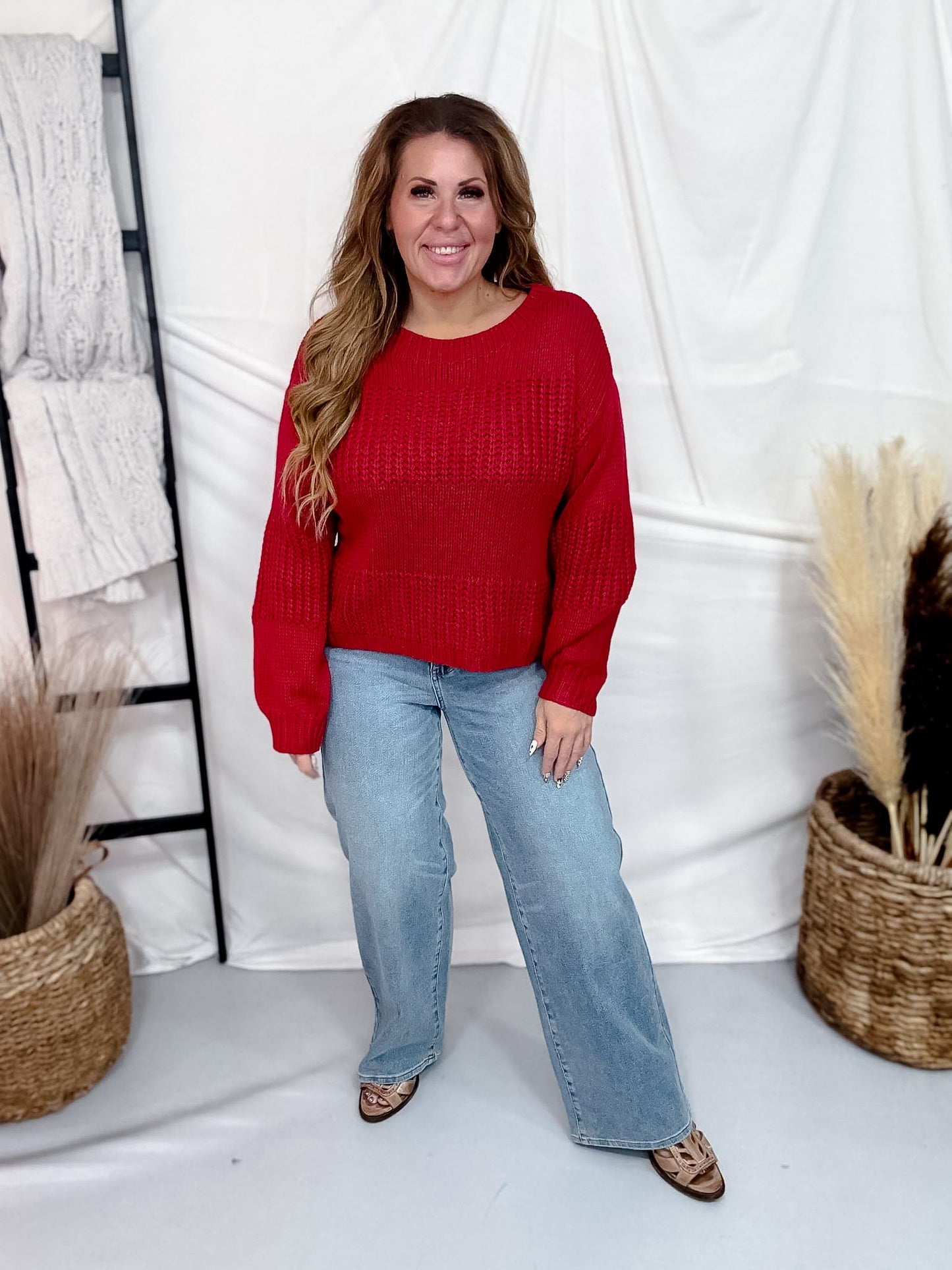 Rustic Red Boatneck Raised Contrast Knit Sweater