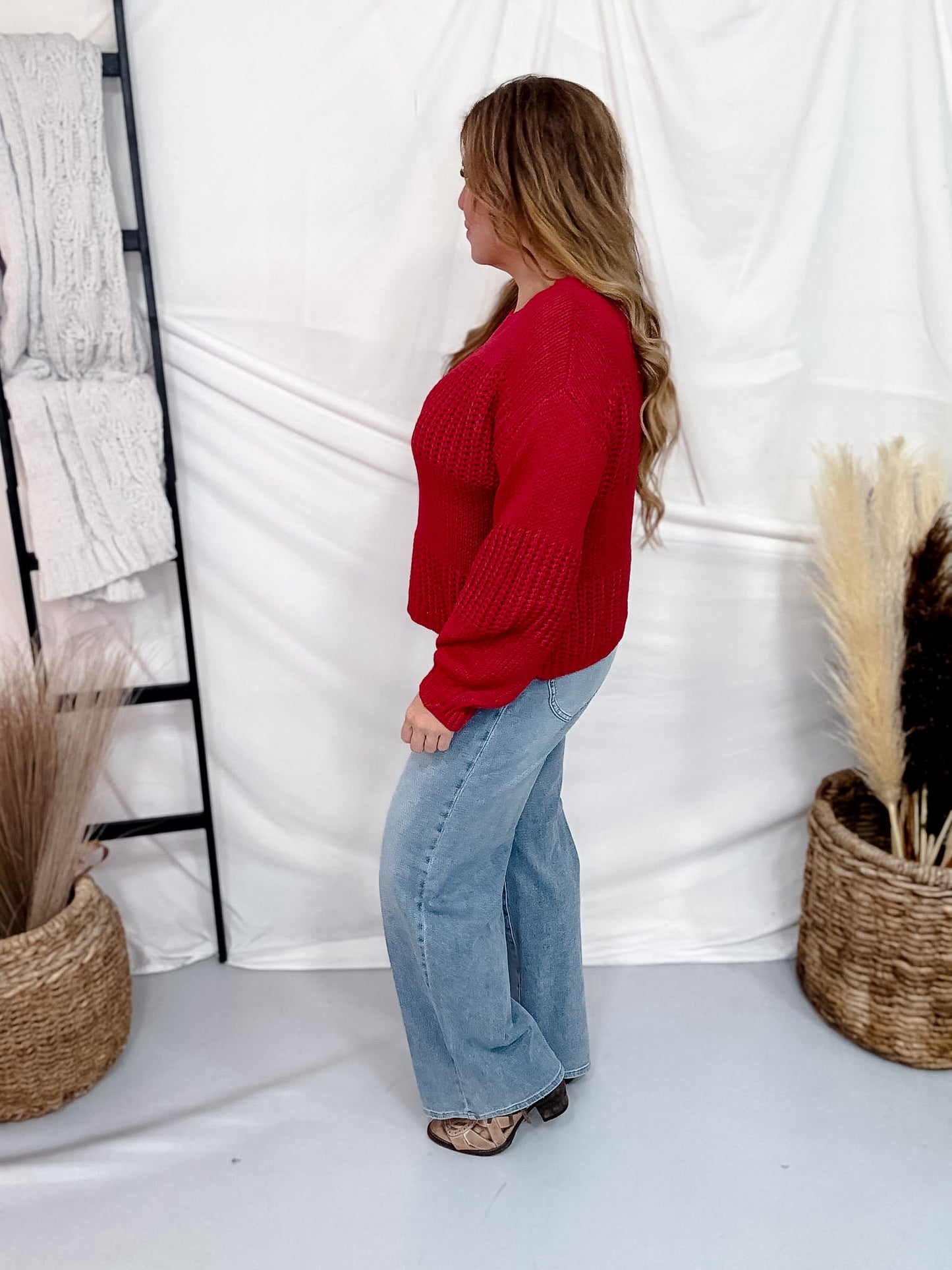 Rustic Red Boatneck Raised Contrast Knit Sweater