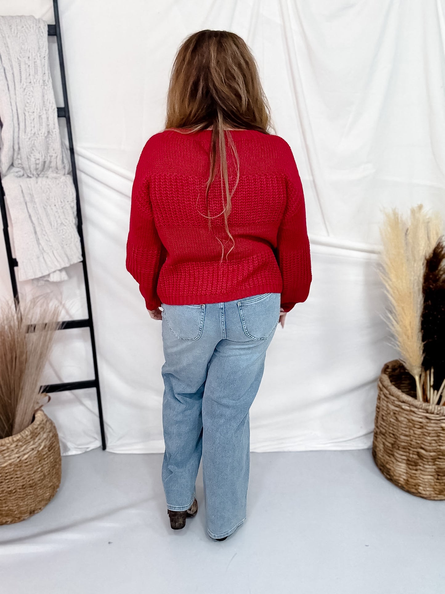 Rustic Red Boatneck Raised Contrast Knit Sweater