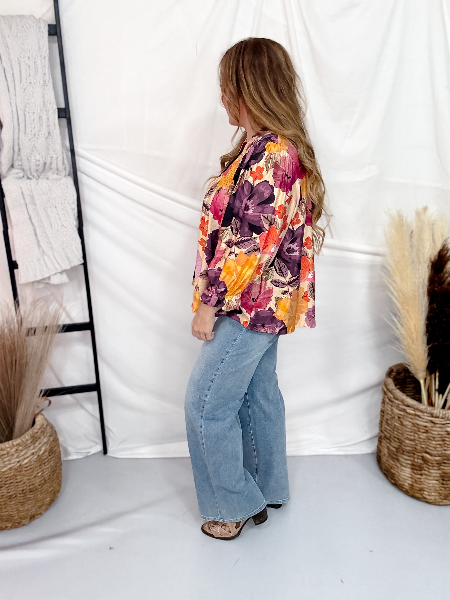 Bohemian Floral Woven 3/4 Sleeve Blouse