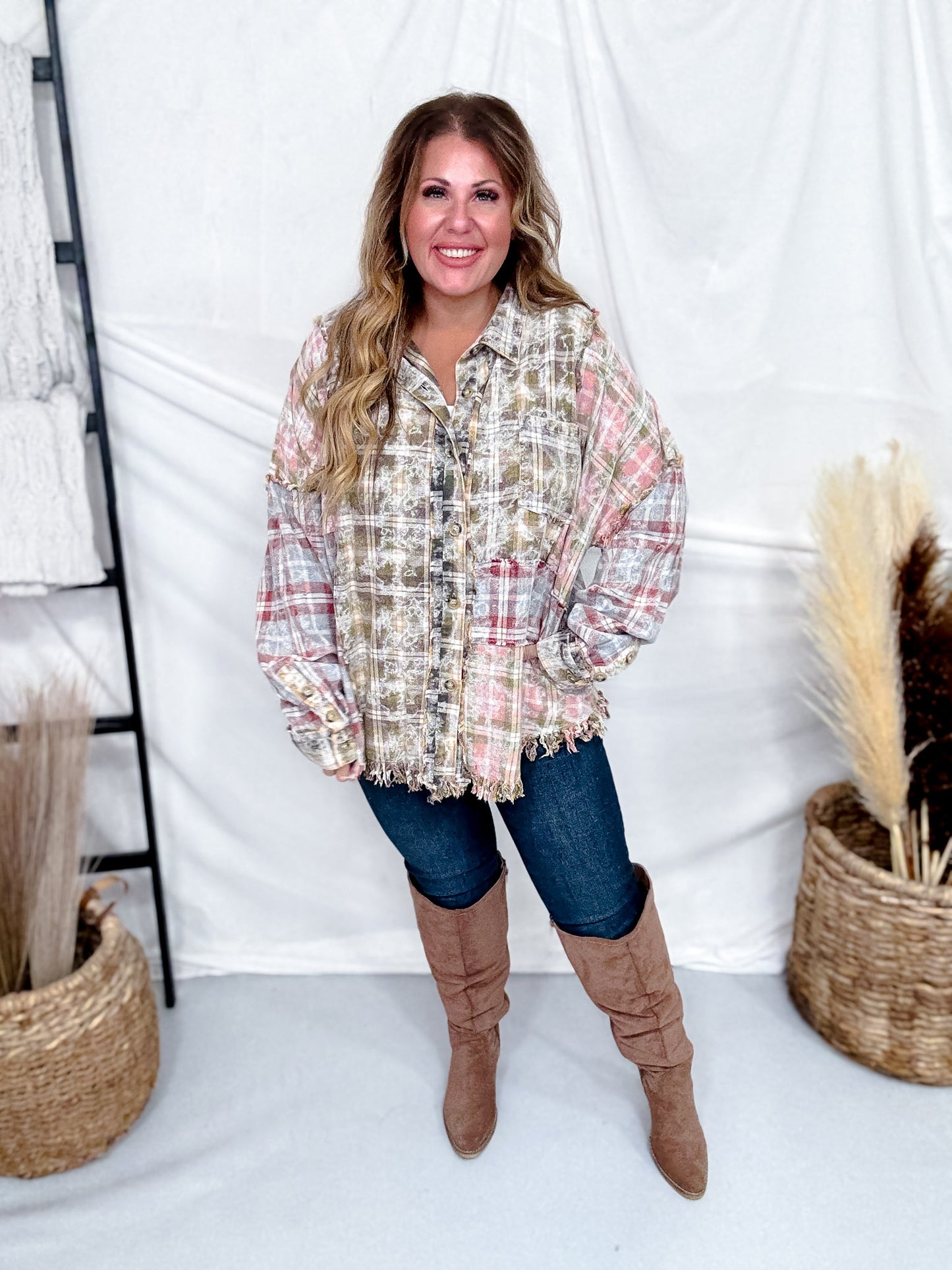 Olive & Mixed Color Washed Plaid Button Down Long Sleeve Shirt