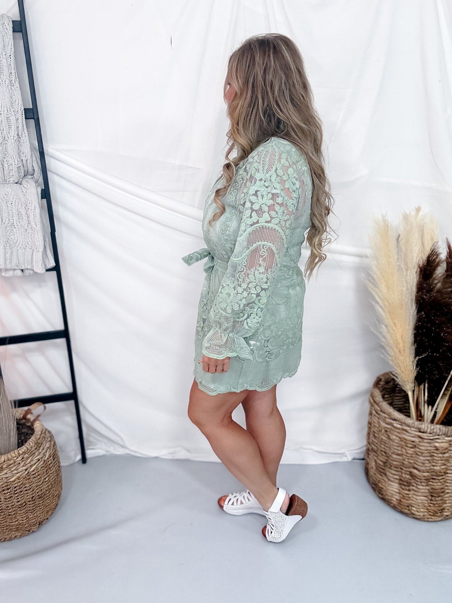 Sage Floral Crochet Lace Belted Mini Dress With Scalloped Edges
