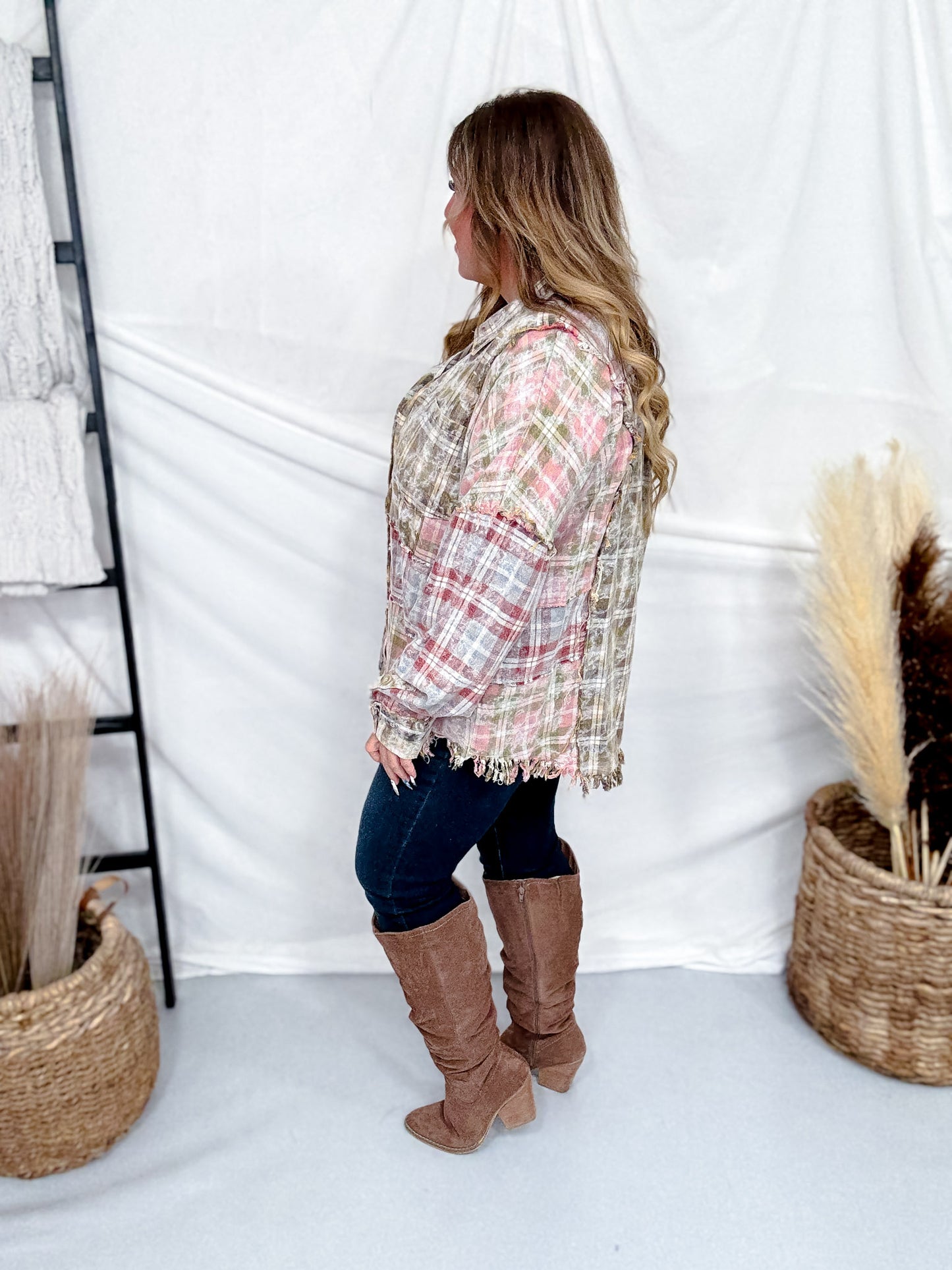 Olive & Mixed Color Washed Plaid Button Down Long Sleeve Shirt