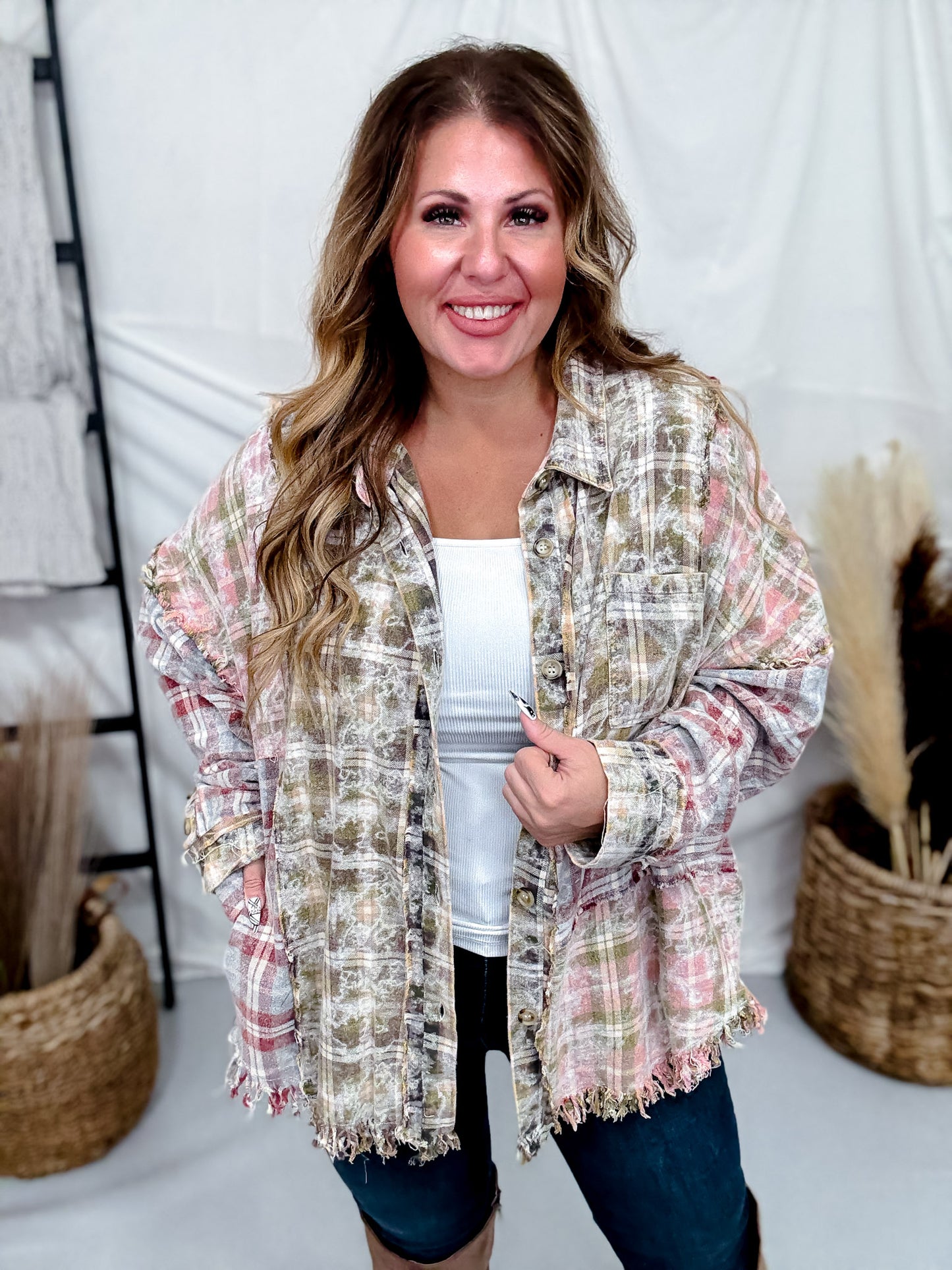 Olive & Mixed Color Washed Plaid Button Down Long Sleeve Shirt