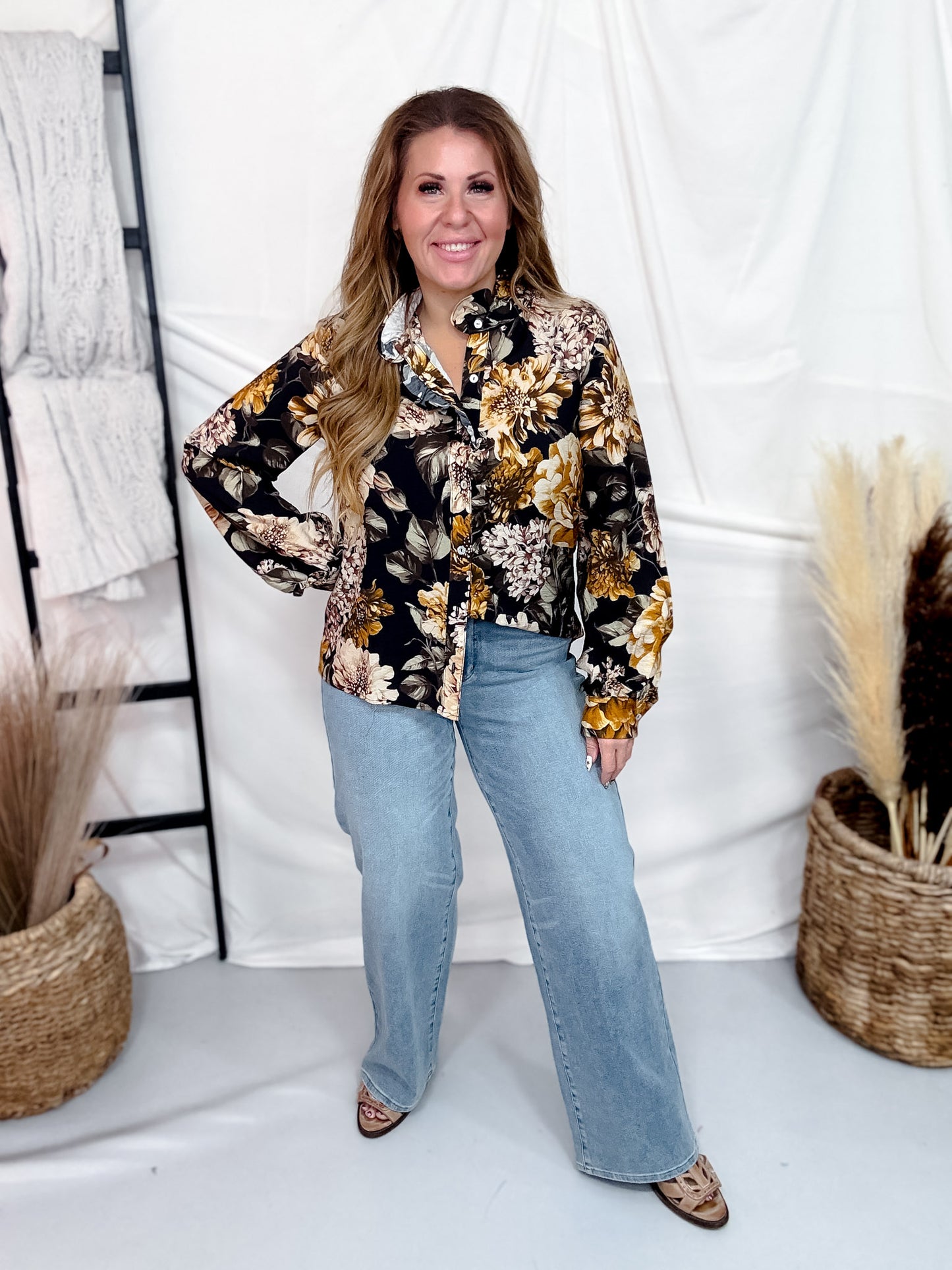 Floral Print Button Front Blouse With Ruffled Neckline