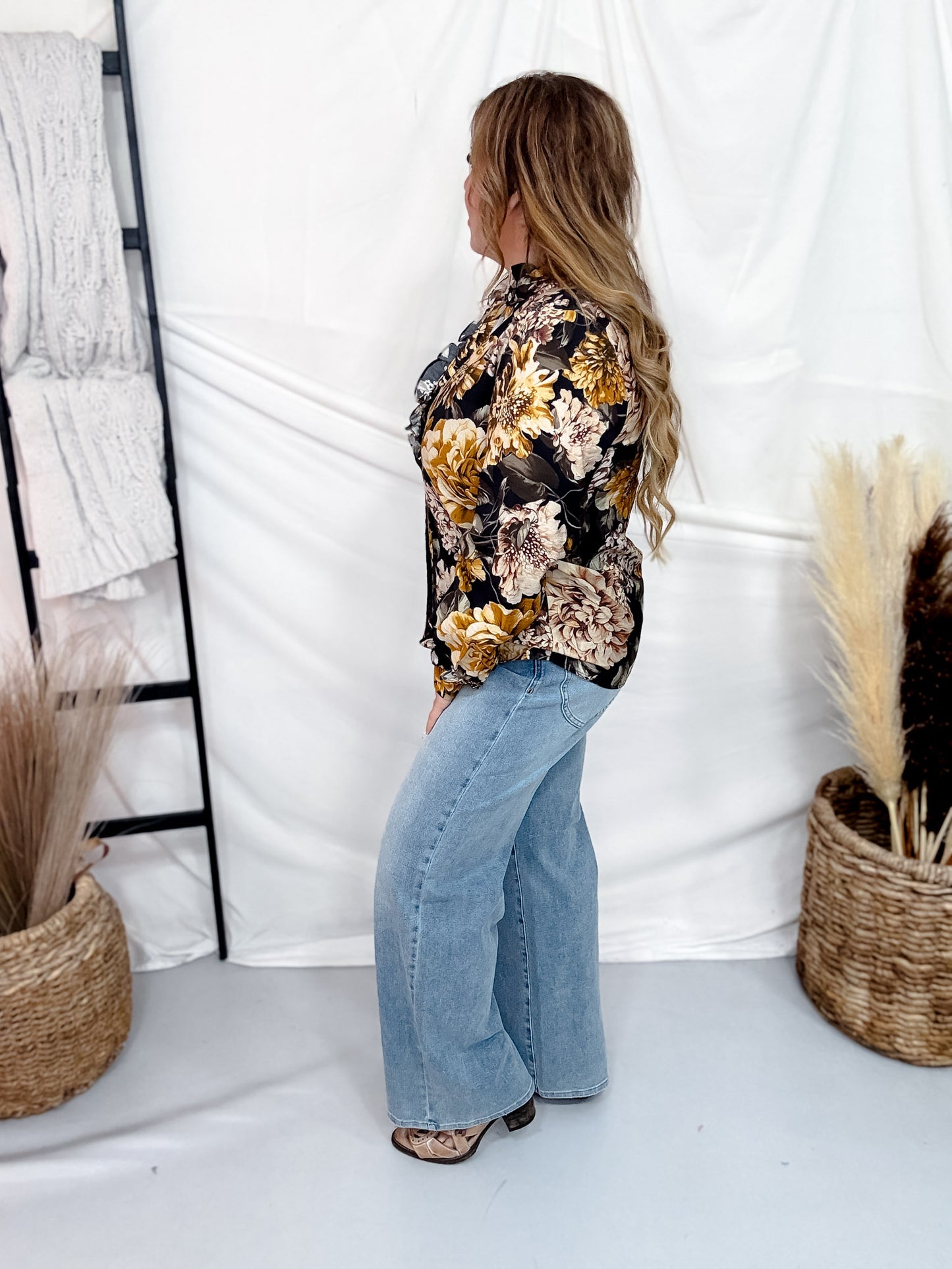 Floral Print Button Front Blouse With Ruffled Neckline