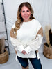 Ivory Pullover Sweater With Ribbed Color Block Sleeves