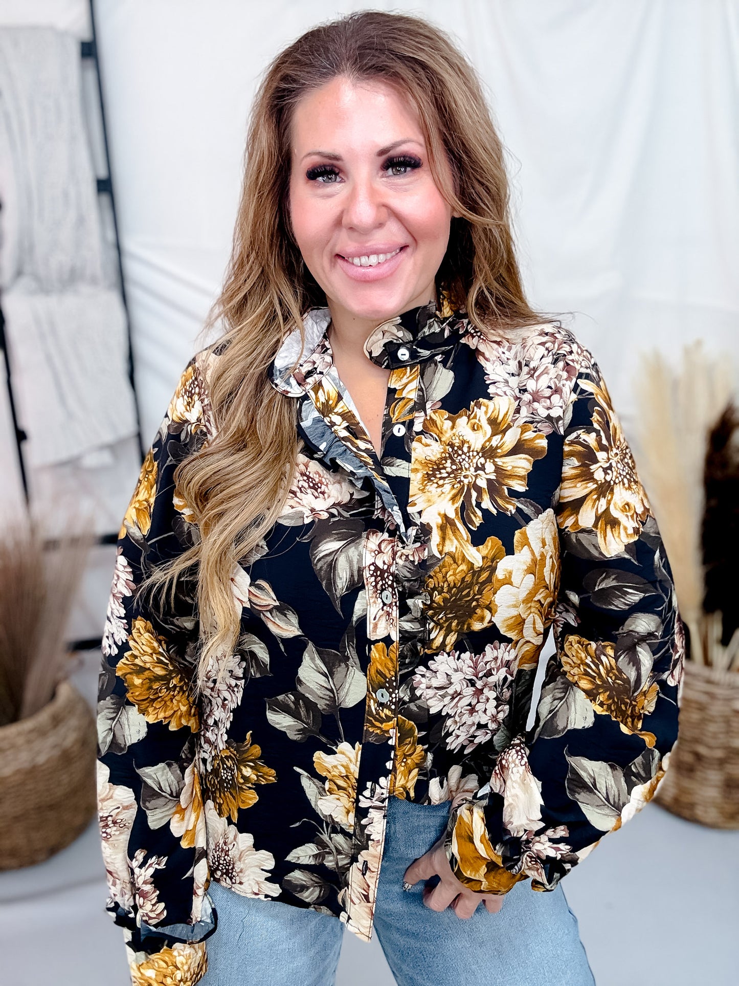 Floral Print Button Front Blouse With Ruffled Neckline