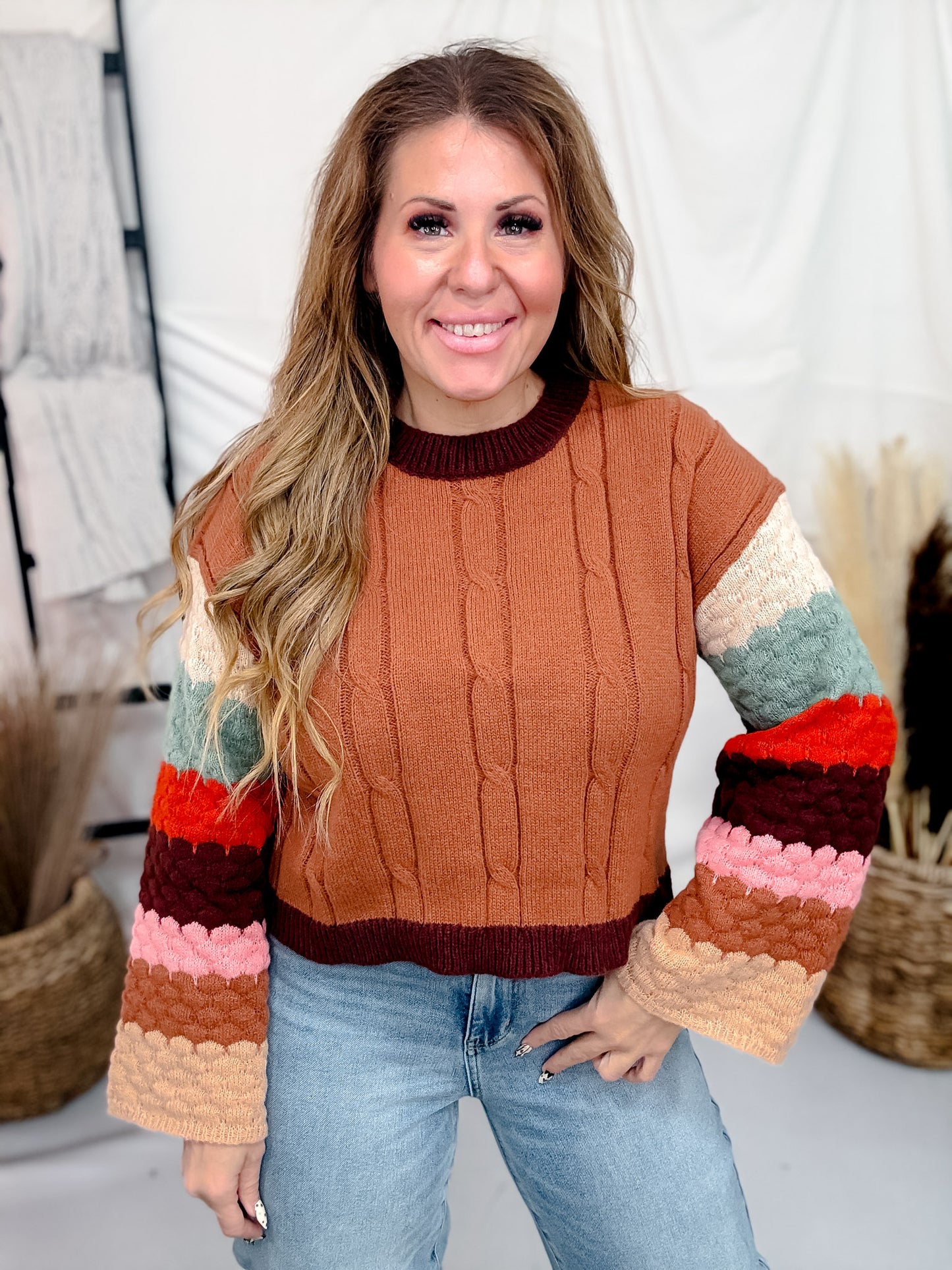 Color Block Striped Long Sleeve Crew Neck Sweater