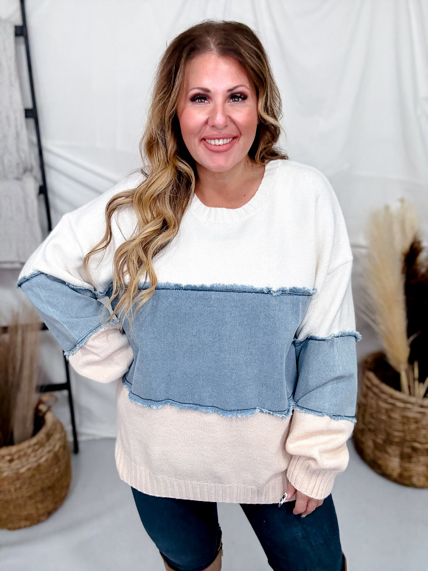 White & Denim Mixed Fabric Striped Sweatshirt