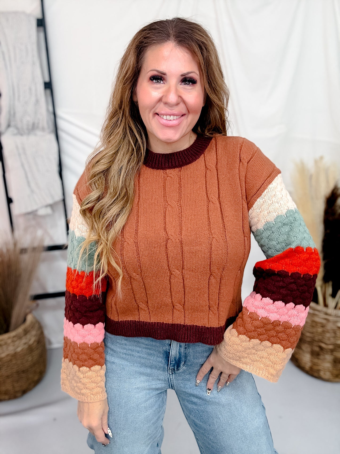 Color Block Striped Long Sleeve Crew Neck Sweater