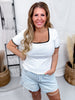 White Rib Knit Top With Square Neckline