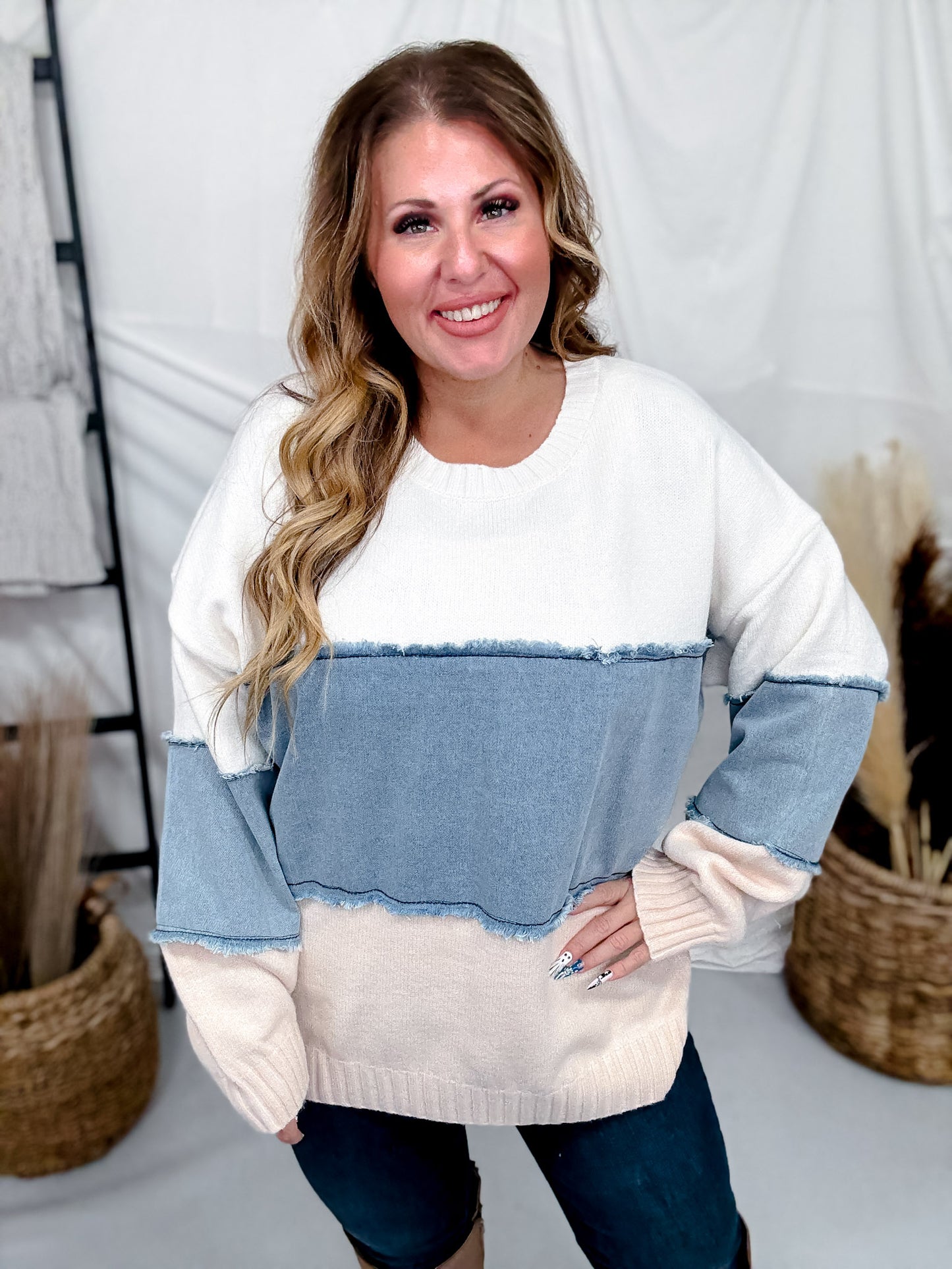 White & Denim Mixed Fabric Striped Sweatshirt