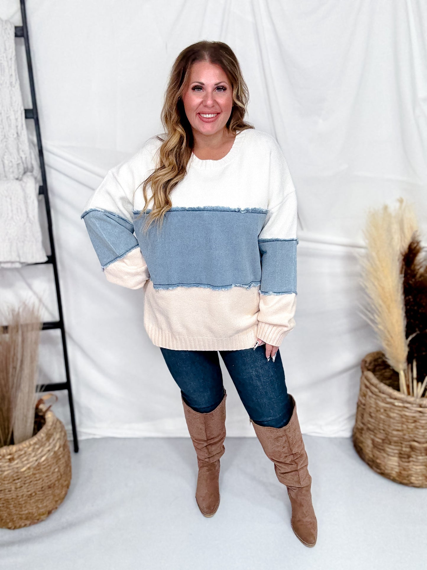 White & Denim Mixed Fabric Striped Sweatshirt