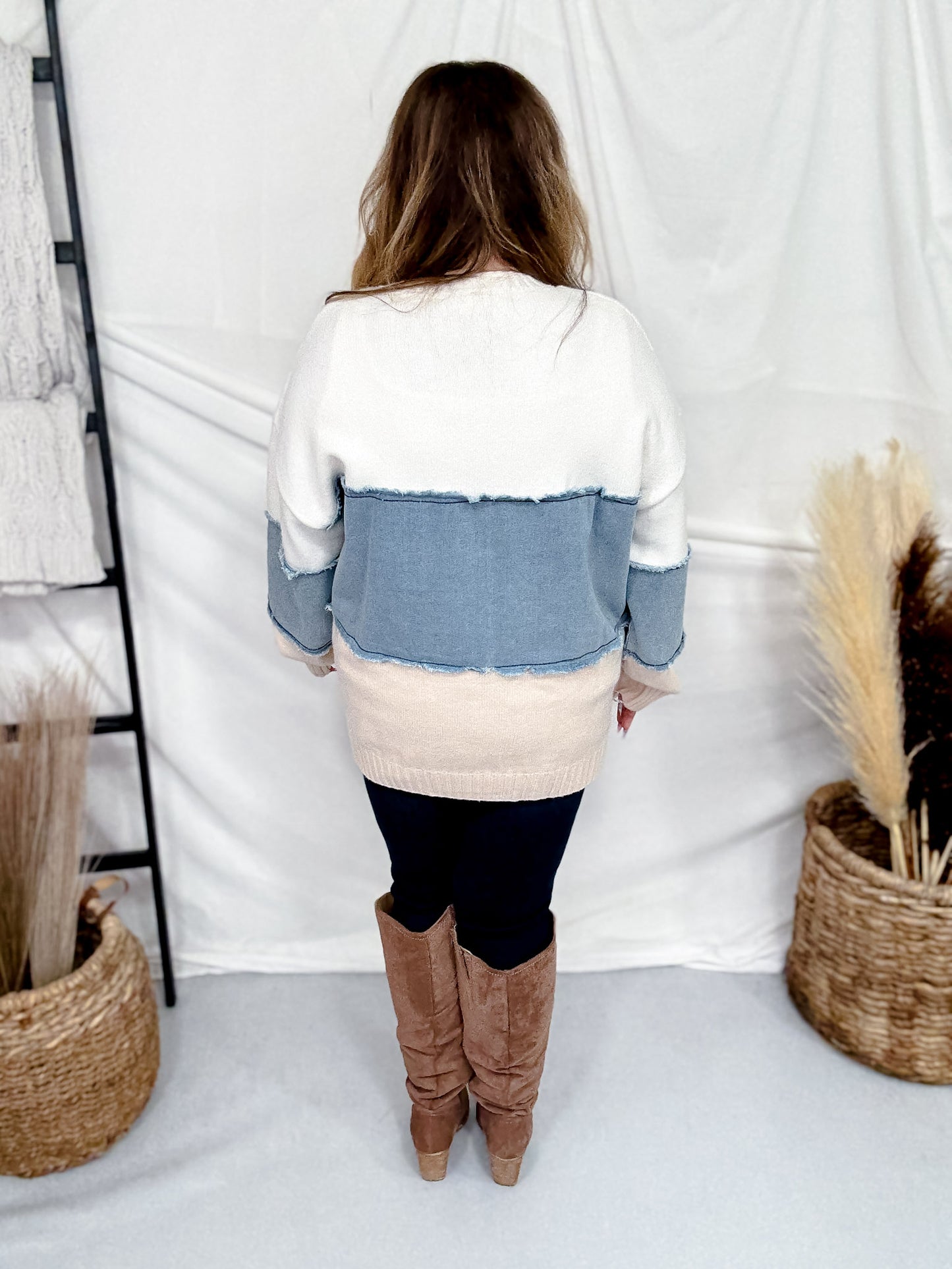 White & Denim Mixed Fabric Striped Sweatshirt